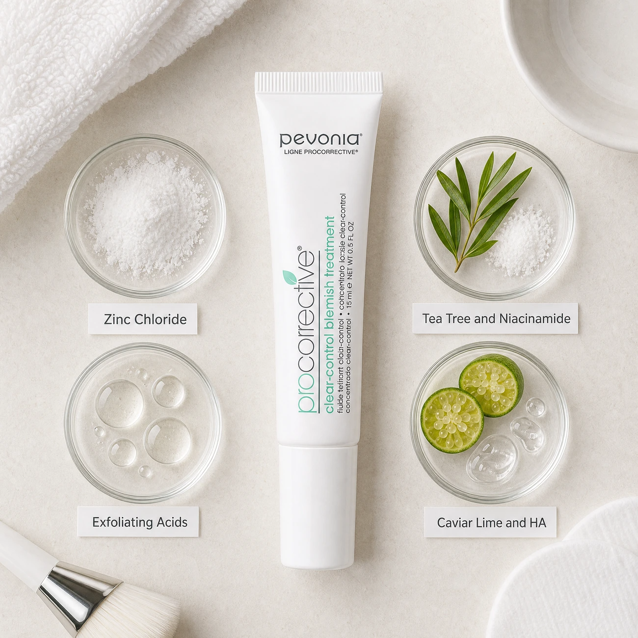 Pevonia ProCorrective Clear-Control Blemish Treatment 15ml ingredients flatlay with zinc chloride, exfoliating acids, tea tree with niacinamide, and caviar lime with hyaluronic acid in clean glass petri dishes for professional B2B education.