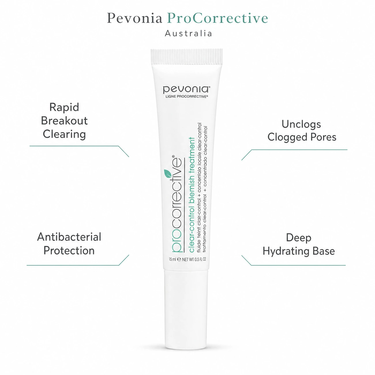 Pevonia ProCorrective Clear-Control Blemish Treatment 15ml benefit callout image highlighting rapid breakout clearing, pore unclogging, antibacterial protection, and deep hydration.