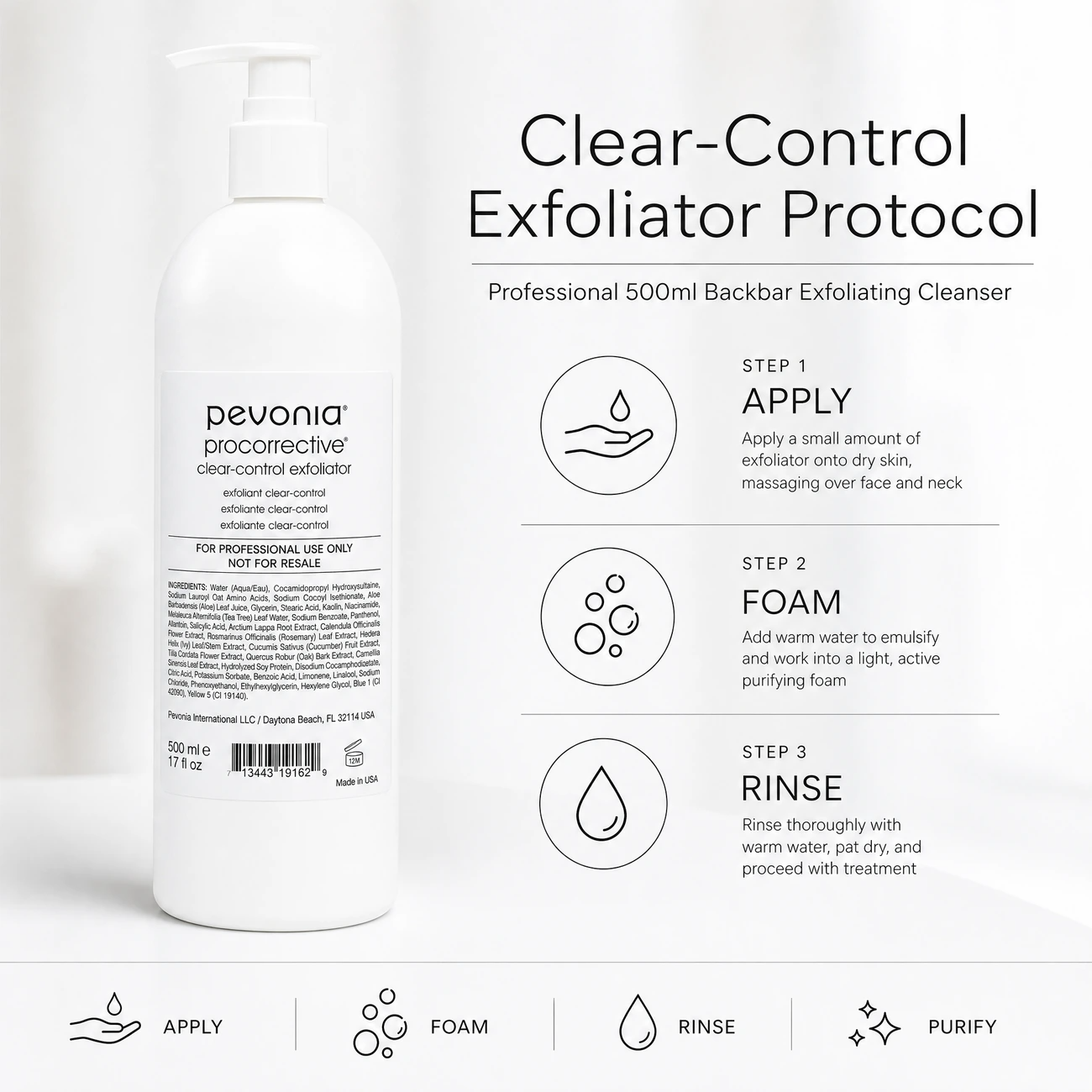 Pevonia ProCorrective Clear-Control Exfoliator 500ml clinic-use education image detailing the professional 3-step Apply, Foam, and Rinse backbar exfoliating cleanser protocol.