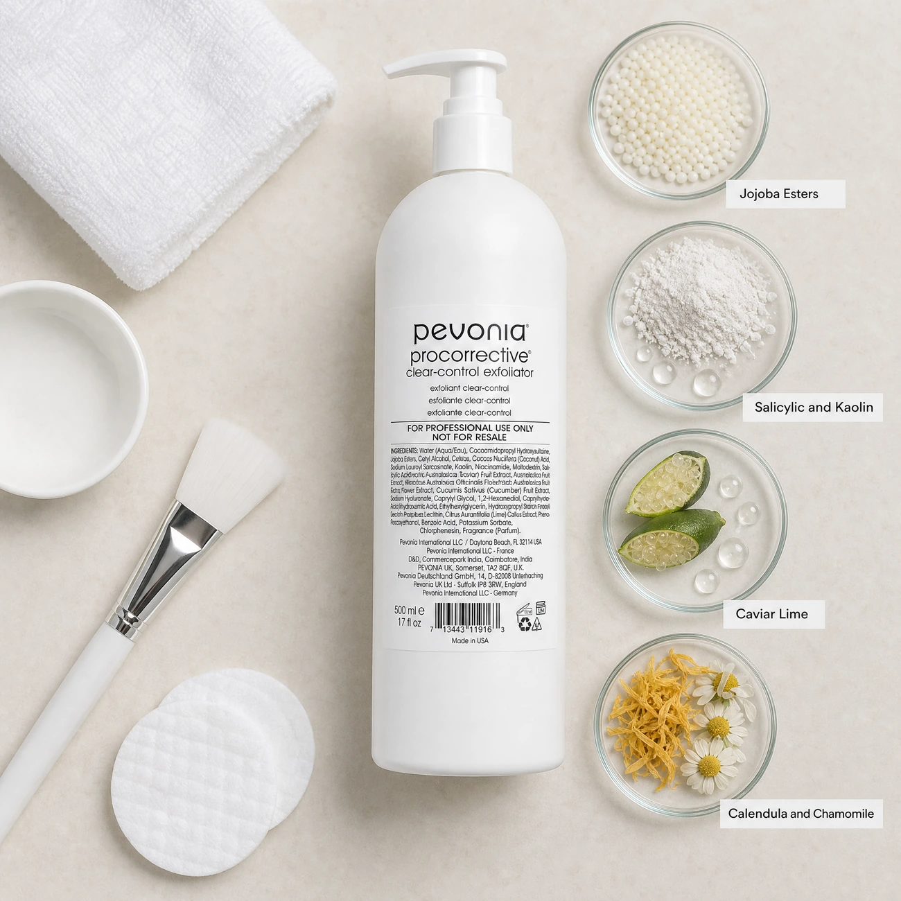Pevonia ProCorrective Clear-Control Exfoliator 500ml ingredients flatlay with jojoba esters, salicylic acid with kaolin clay, caviar lime extract, and calendula with chamomile in clean glass petri dishes for professional B2B education.