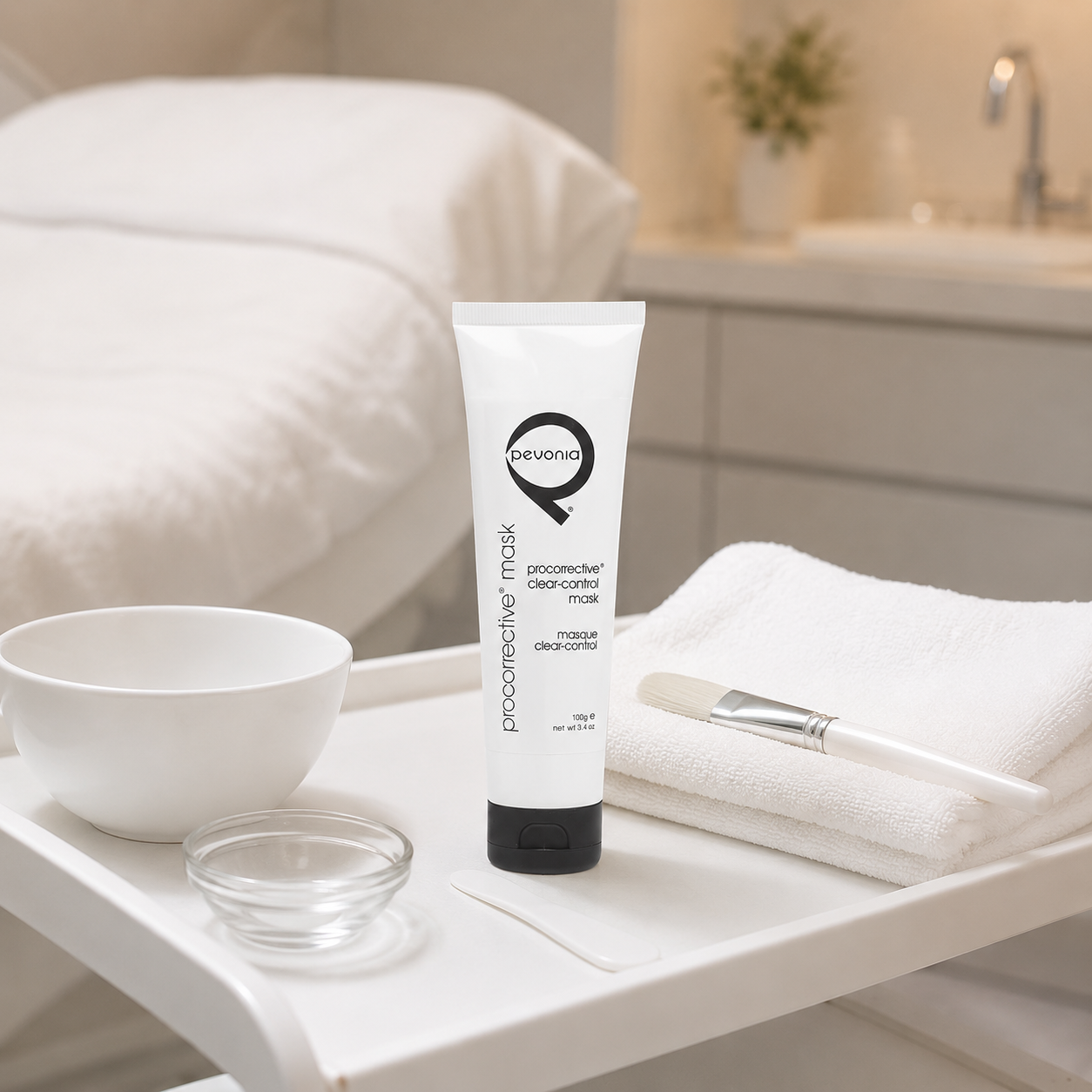 Pevonia ProCorrective Clear-Control Mask 100g tube displayed on a therapist trolley in an upmarket beauty clinic treatment room with unbranded mask treatment accessories.