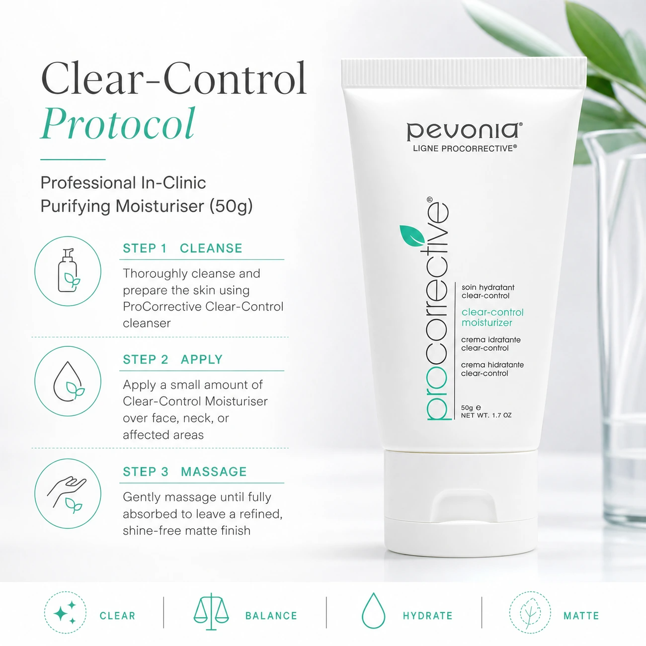 Pevonia ProCorrective Clear-Control Moisturiser 50g clinic-use education image detailing the professional 3-step Cleanse, Apply, and Massage purifying finishing protocol for salons, spas, and clinics.