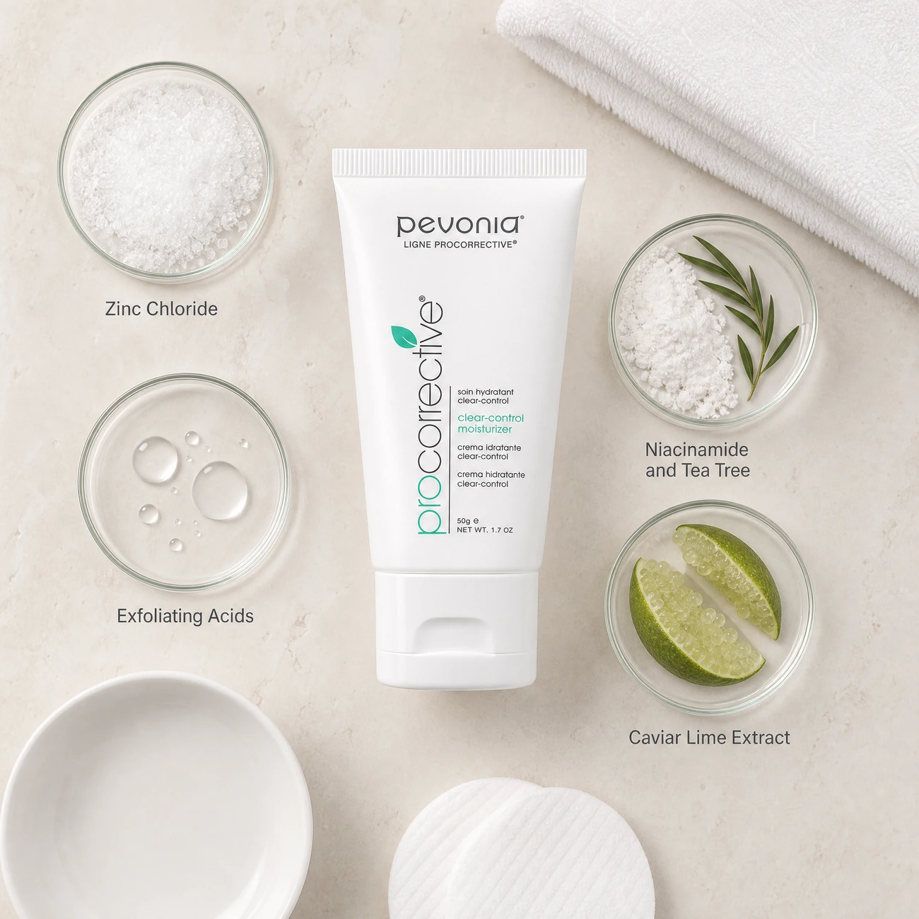 Pevonia ProCorrective Clear-Control Moisturiser 50g ingredients flatlay with zinc chloride, exfoliating acids, niacinamide and tea tree, and caviar lime extract in clean glass petri dishes for professional B2B education.
