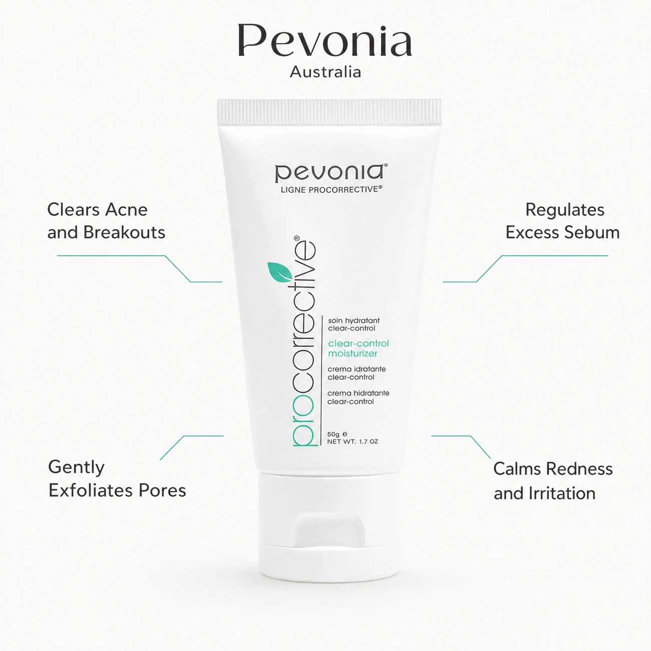Pevonia ProCorrective Clear-Control Moisturiser 50g benefit callout image highlighting acne clearing, sebum regulation, gentle pore exfoliation, and irritation calming.