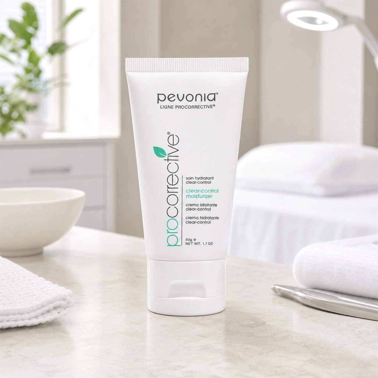 Pevonia ProCorrective Clear-Control Moisturiser 50g professional white tube styled in a serene clinical spa treatment room for Beauty Collective Pro.