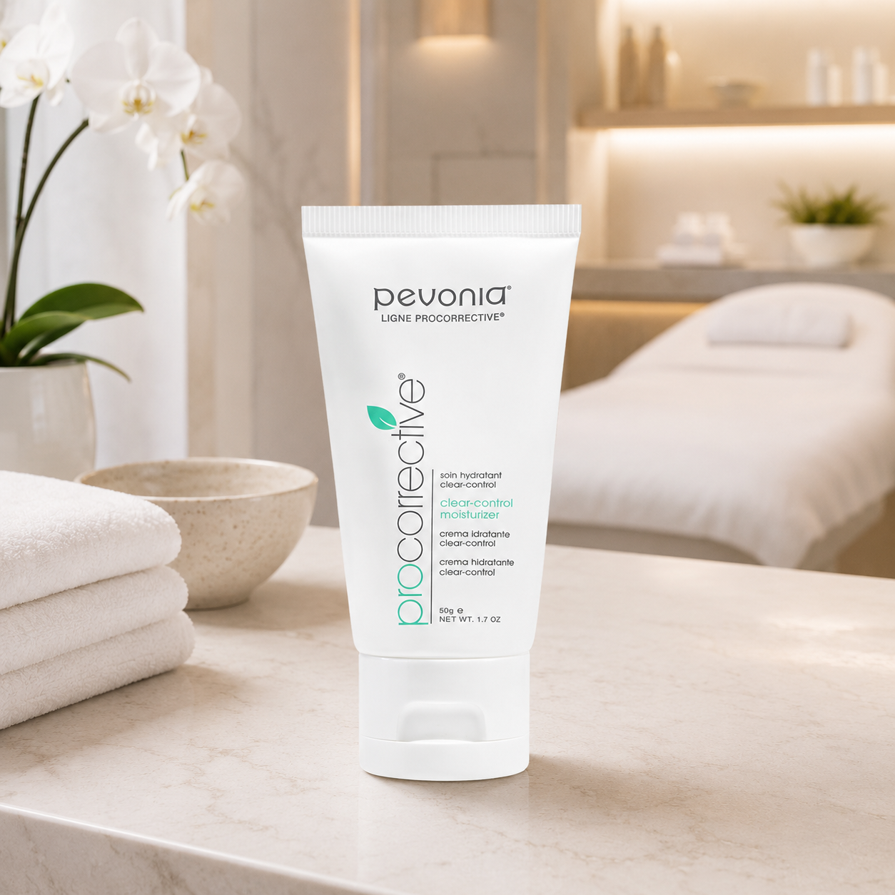 Pevonia ProCorrective Clear-Control Moisturiser 50g displayed in an upmarket spa treatment room, supporting lightweight hydration and balanced care for oily, congested or blemish-prone skin.