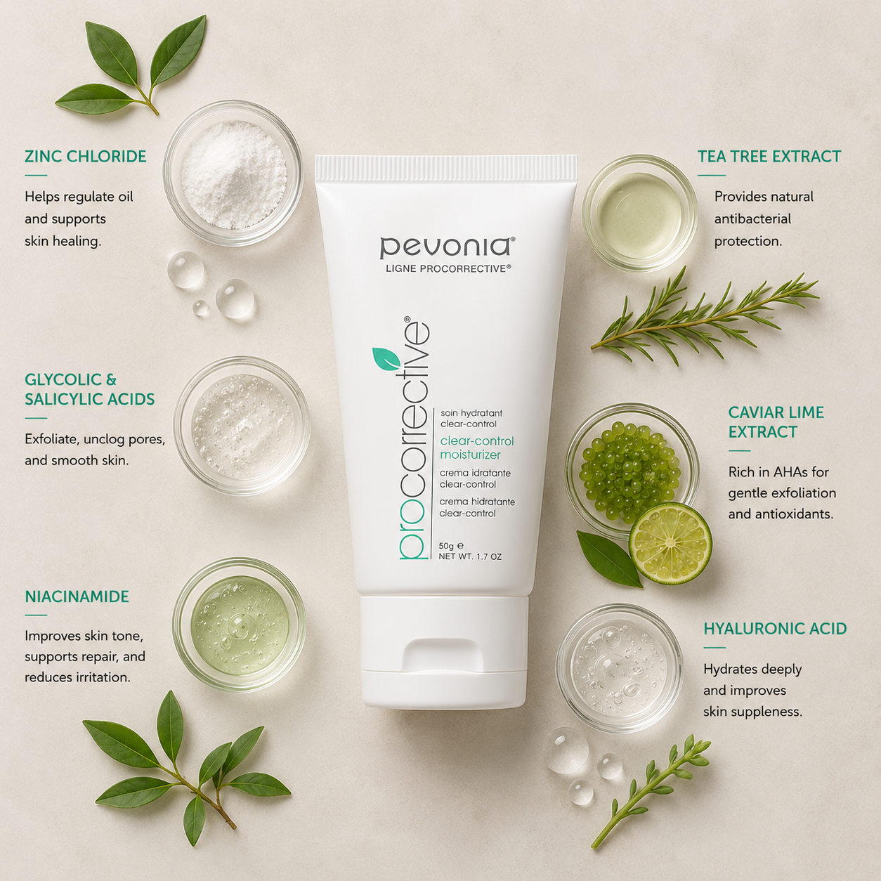 Pevonia ProCorrective Clear-Control Moisturizer ingredient flatlay featuring zinc chloride, glycolic acid, salicylic acid, niacinamide, tea tree extract, caviar lime extract and hyaluronic acid arranged around product on a soft neutral background