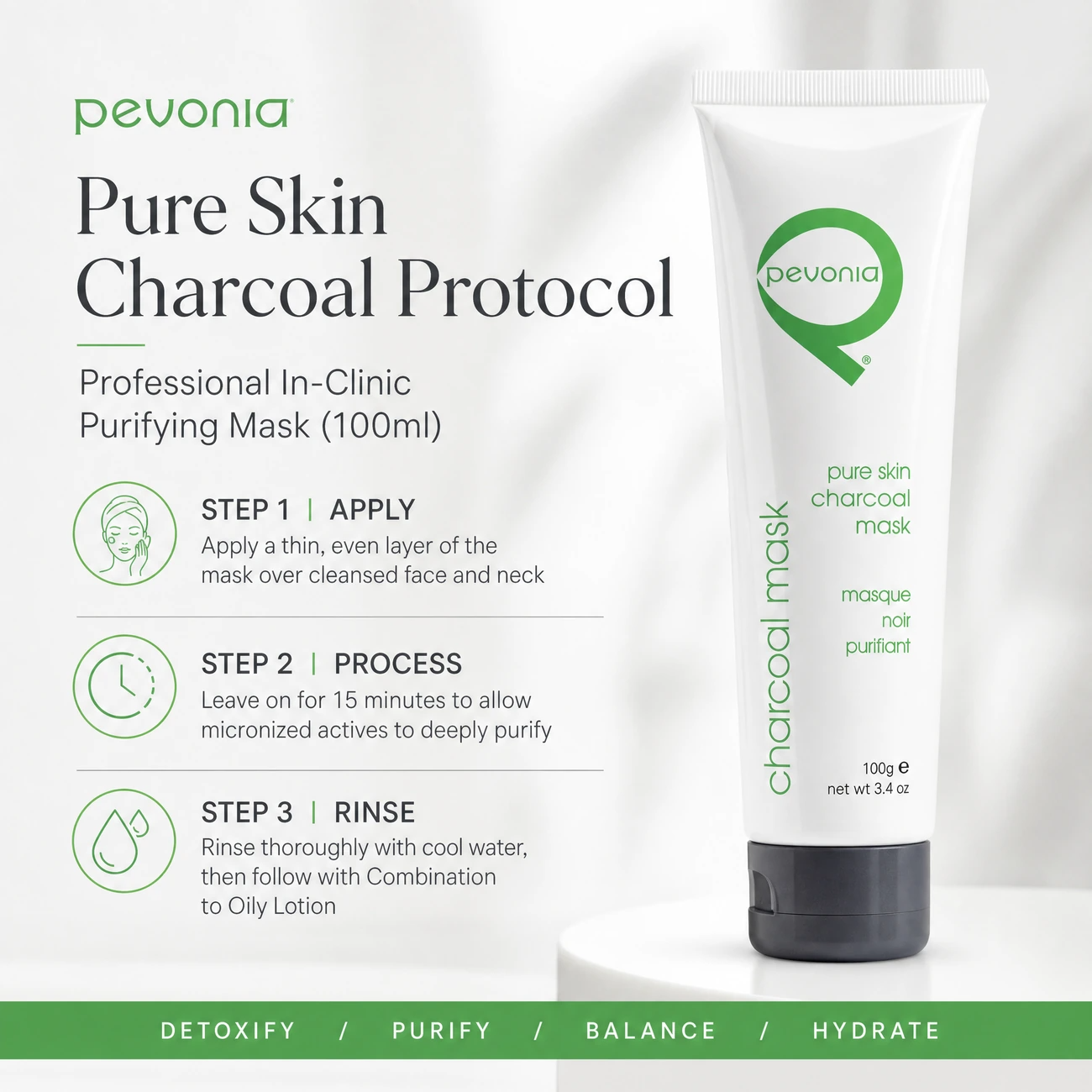 Pevonia Pure Skin Charcoal Mask 100ml clinic-use education image detailing the professional 3-step Apply, Process, and Rinse purifying protocol for salons, spas, and clinics.