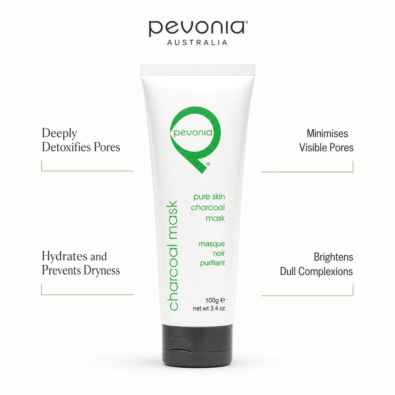 Pevonia Pure Skin Charcoal Mask 100ml benefit callout image highlighting deep pore detoxification, pore minimisation, lipid hydration, and dullness brightening.