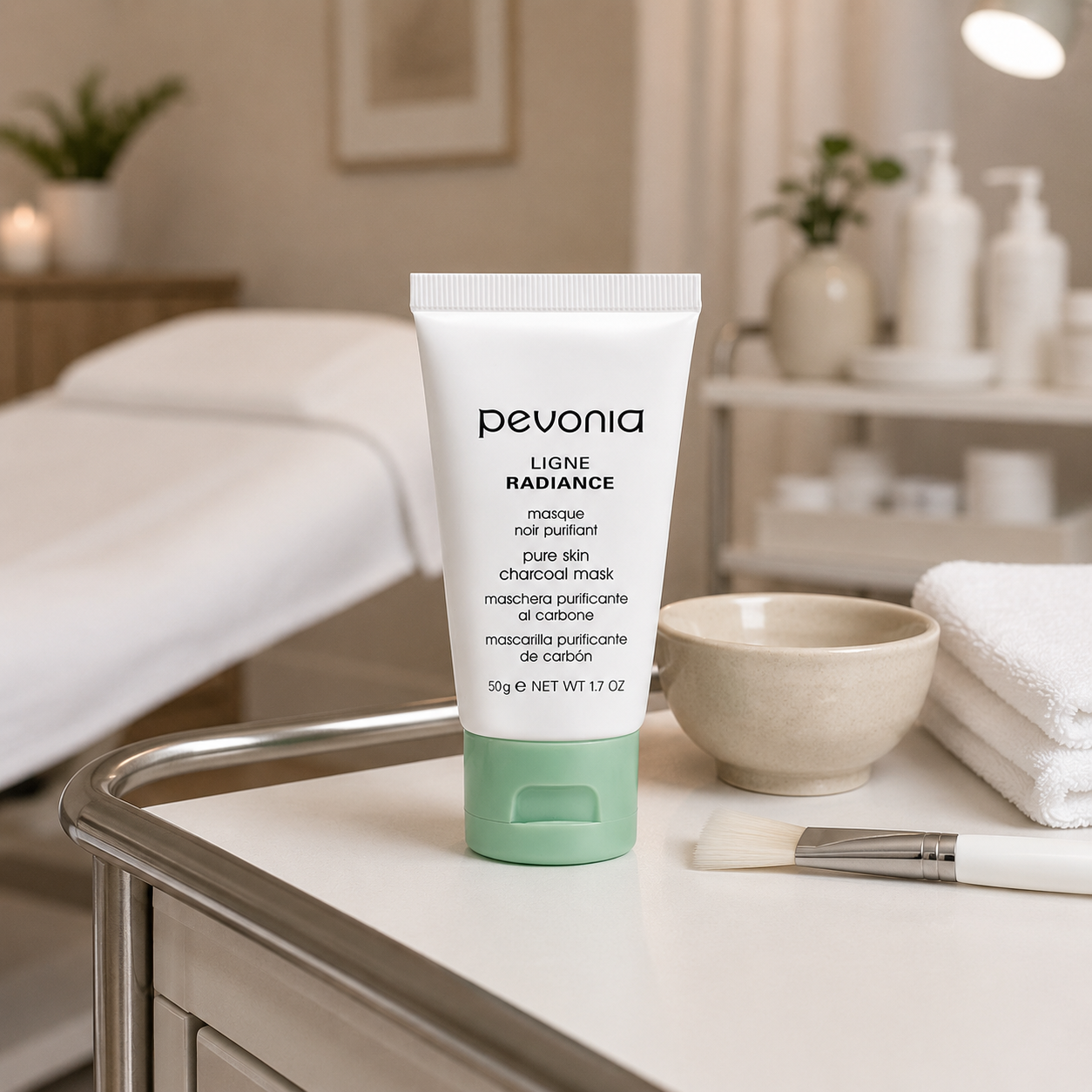 Pevonia Pure Skin Charcoal Mask 50g tube displayed on a therapist trolley in an upmarket beauty clinic treatment room with unbranded mask treatment accessories.