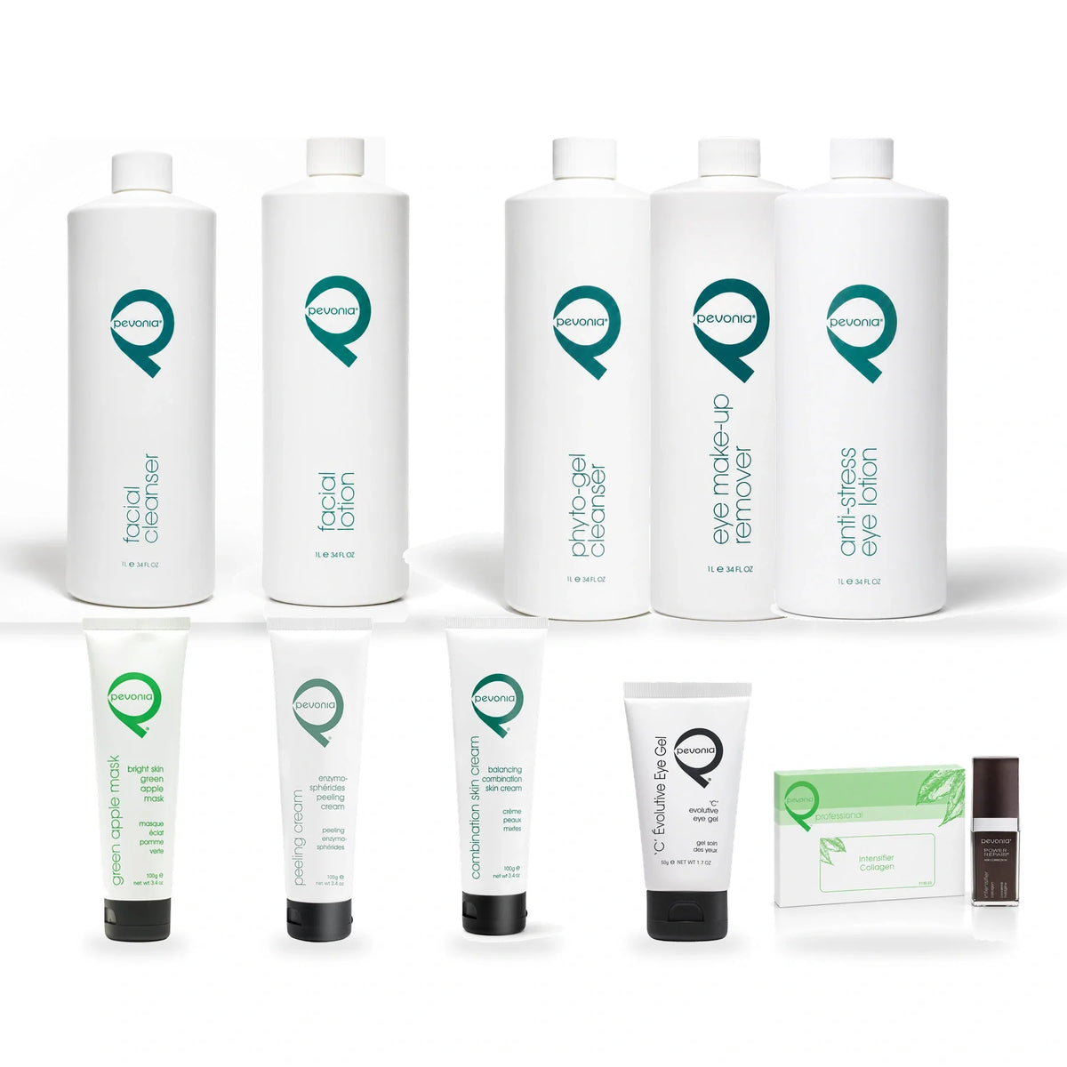 Complete ten-product professional Pevonia Radiance Bright Skin Mask Treatment collection, including Green Apple Mask, Collagen Intensifier and Balancing Combination Skin Cream.