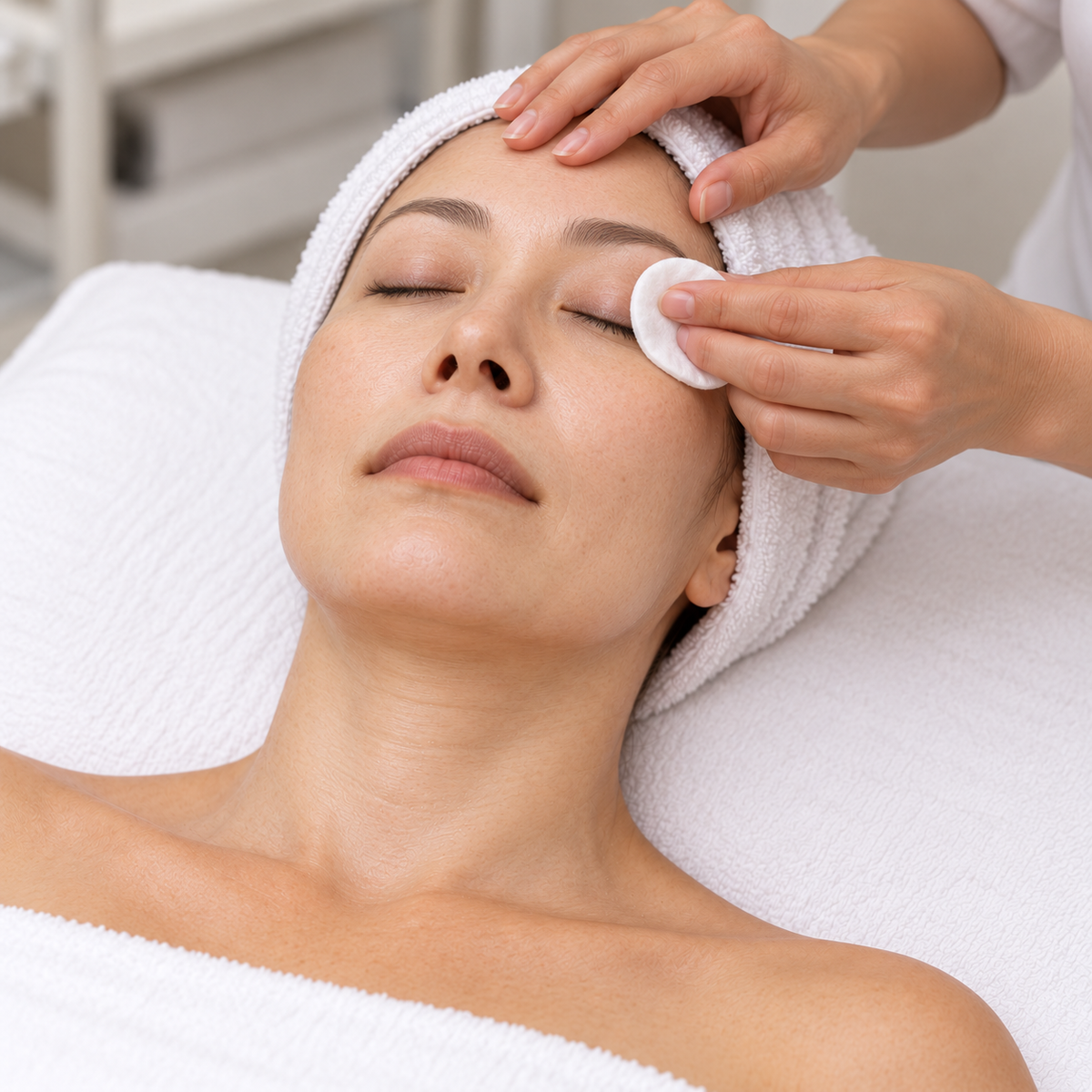 Therapist gently cleansing a client's closed eyelid with a cotton pad during the Pevonia Radiance Collagen facial.