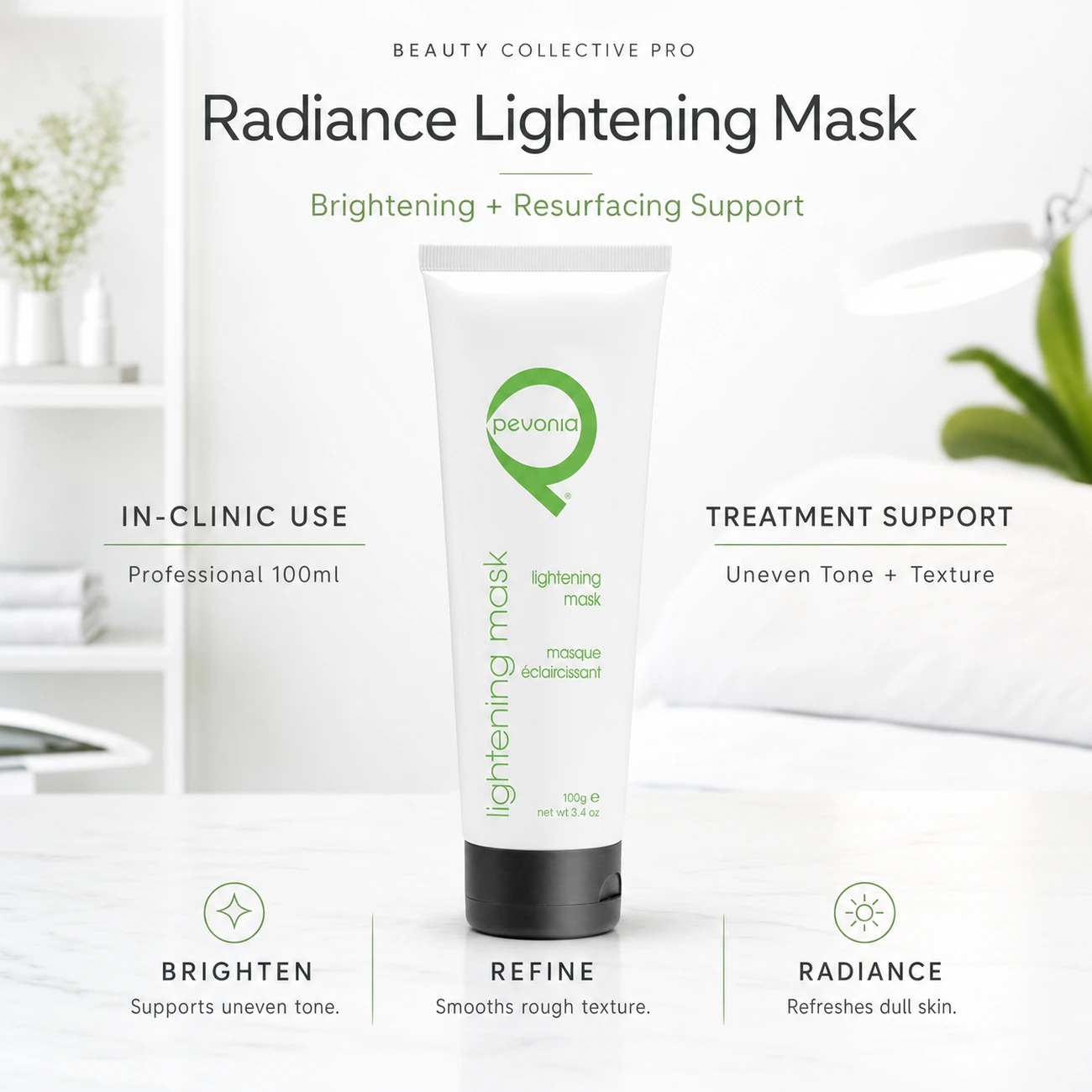 Pevonia Radiance Lightening Mask 100ml clinic-use education image for professional brightening, resurfacing and uneven skin tone support.