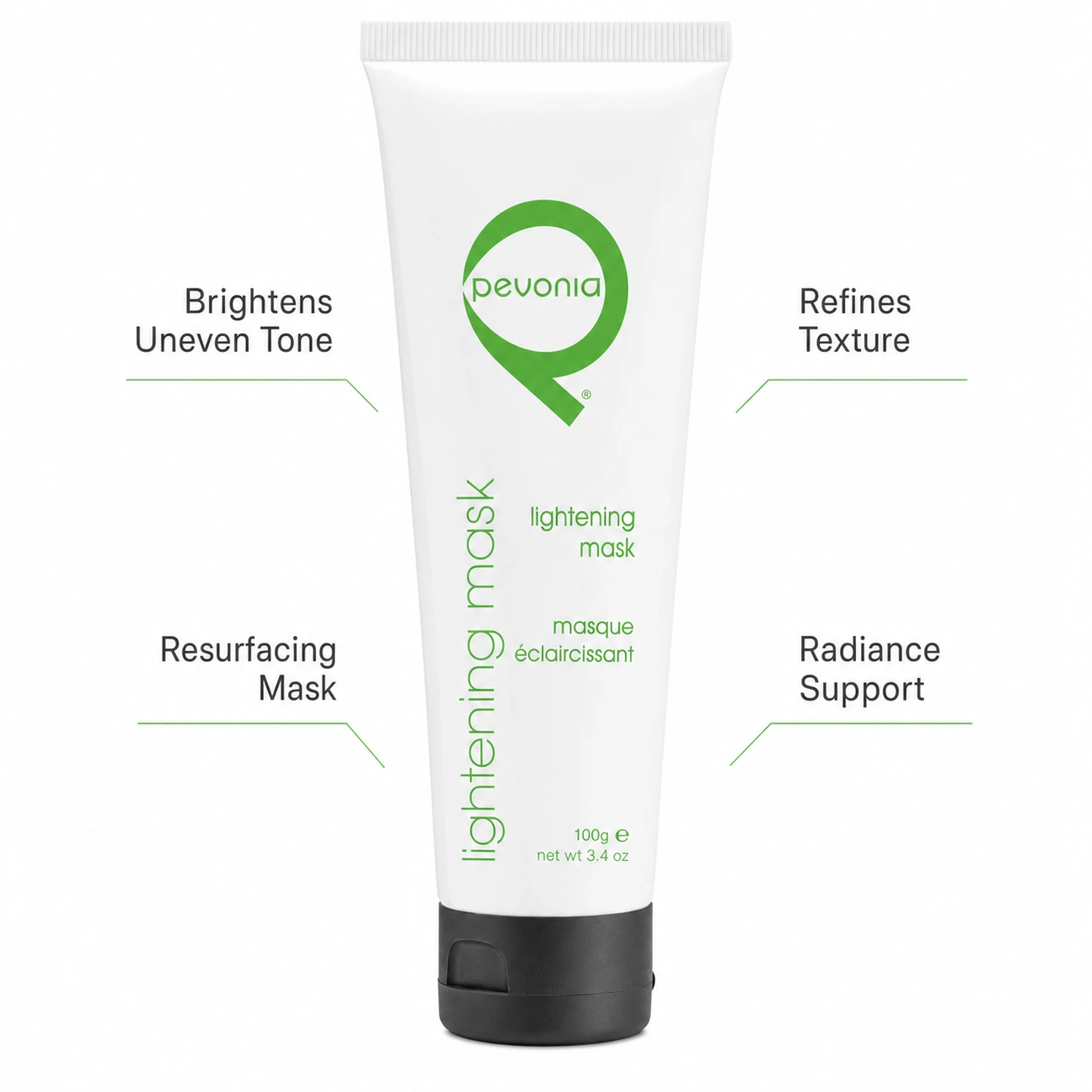 Pevonia Radiance Lightening Mask 100ml professional benefit callout image for brightening, resurfacing, texture refinement and radiance support in salons, spas and clinics.