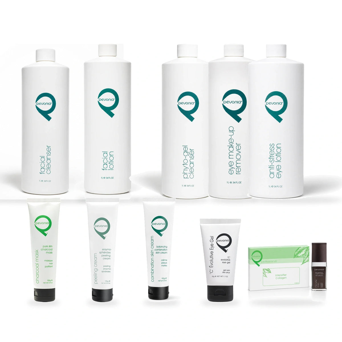 Complete ten-product professional Pevonia Radiance Pure Skin Mask Treatment collection, including Charcoal Mask, Collagen Intensifier and Balancing Combination Skin Cream.