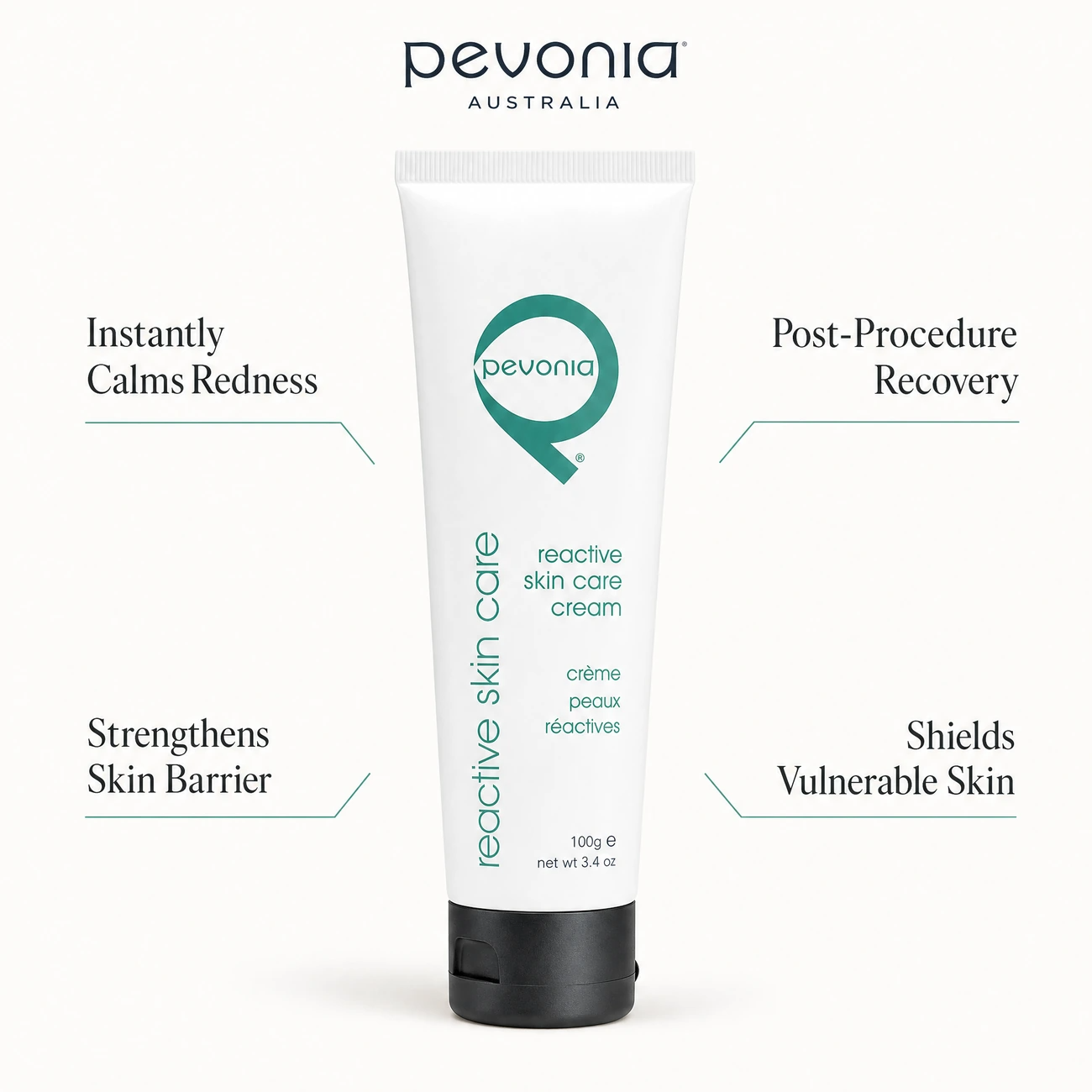 Pevonia Reactive Skin Care Cream 100ml benefit callout image highlighting redness calming, post-procedure recovery, barrier strengthening, and environmental shielding.