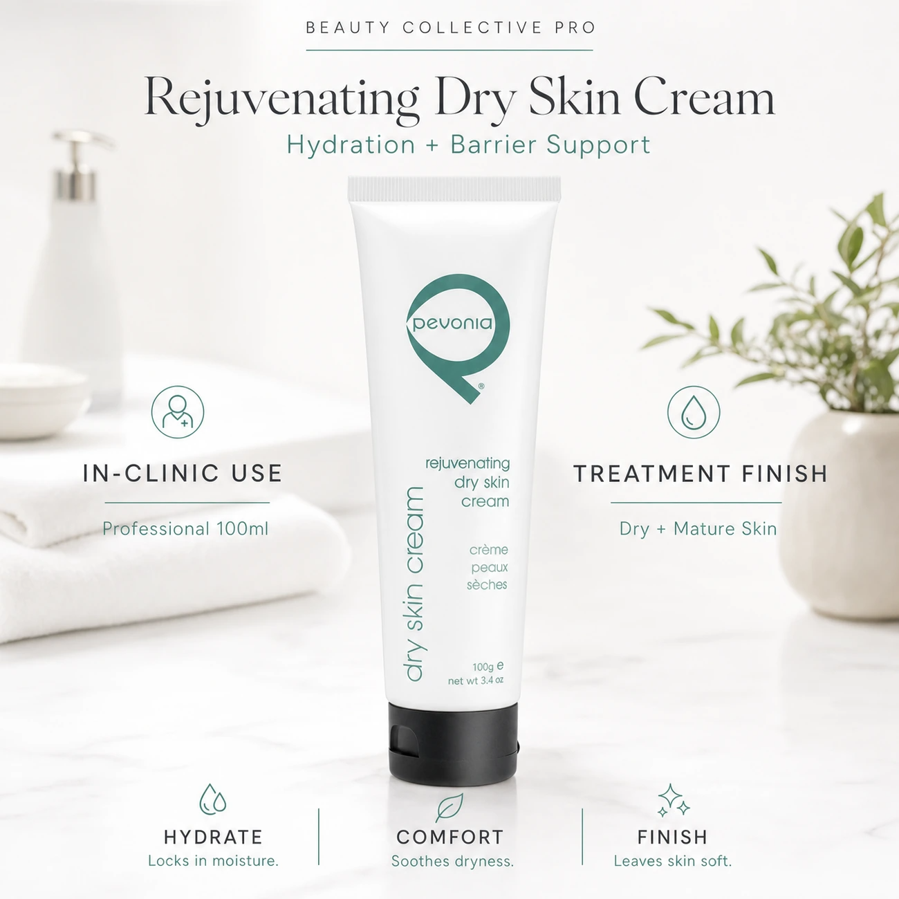 Pevonia Rejuvenating Dry Skin Cream 100ml clinic-use education image for professional hydration, barrier support and dry skin treatment finishing.