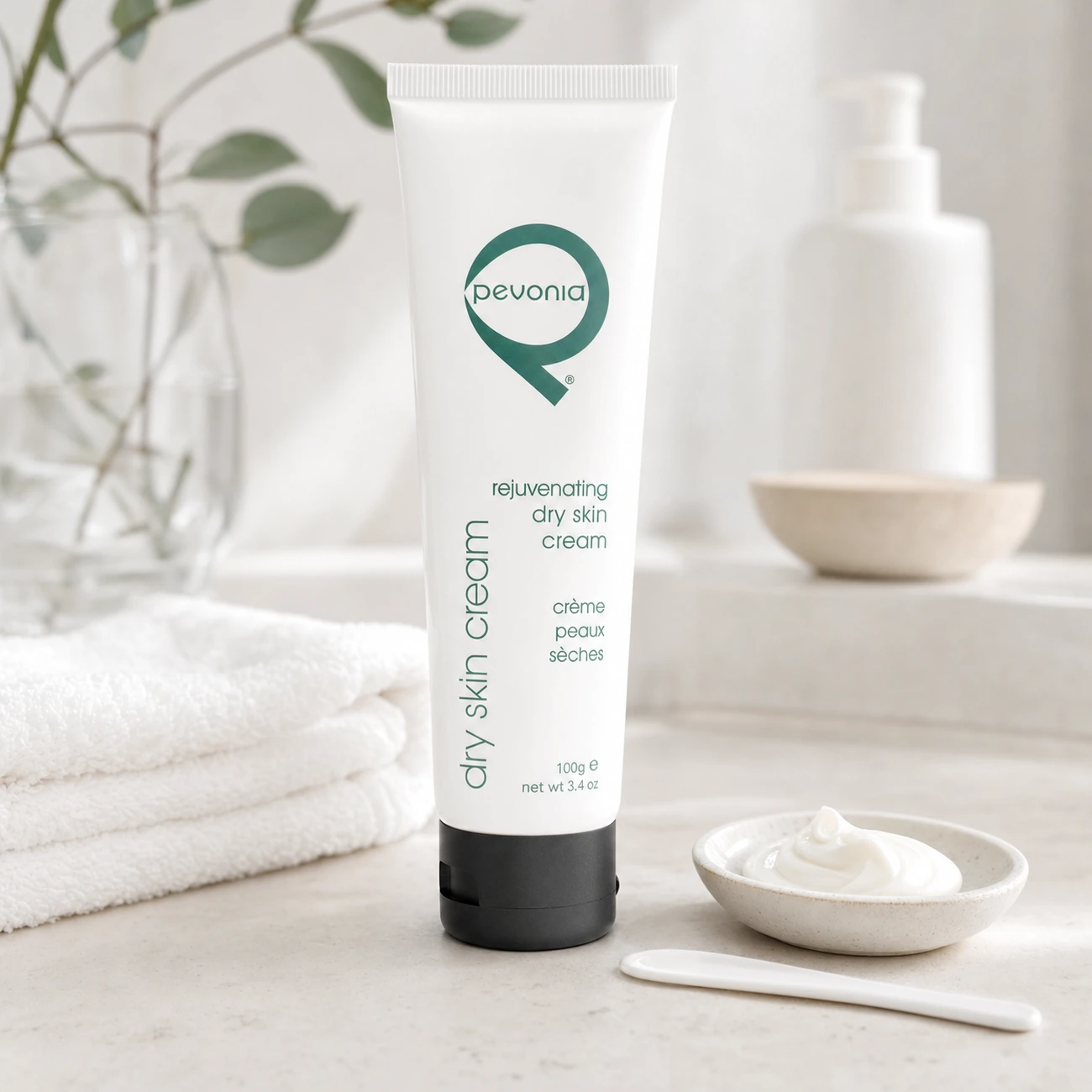 Pevonia Rejuvenating Dry Skin Cream 100ml professional tube styled in a clean clinic treatment setting for Beauty Collective Pro
