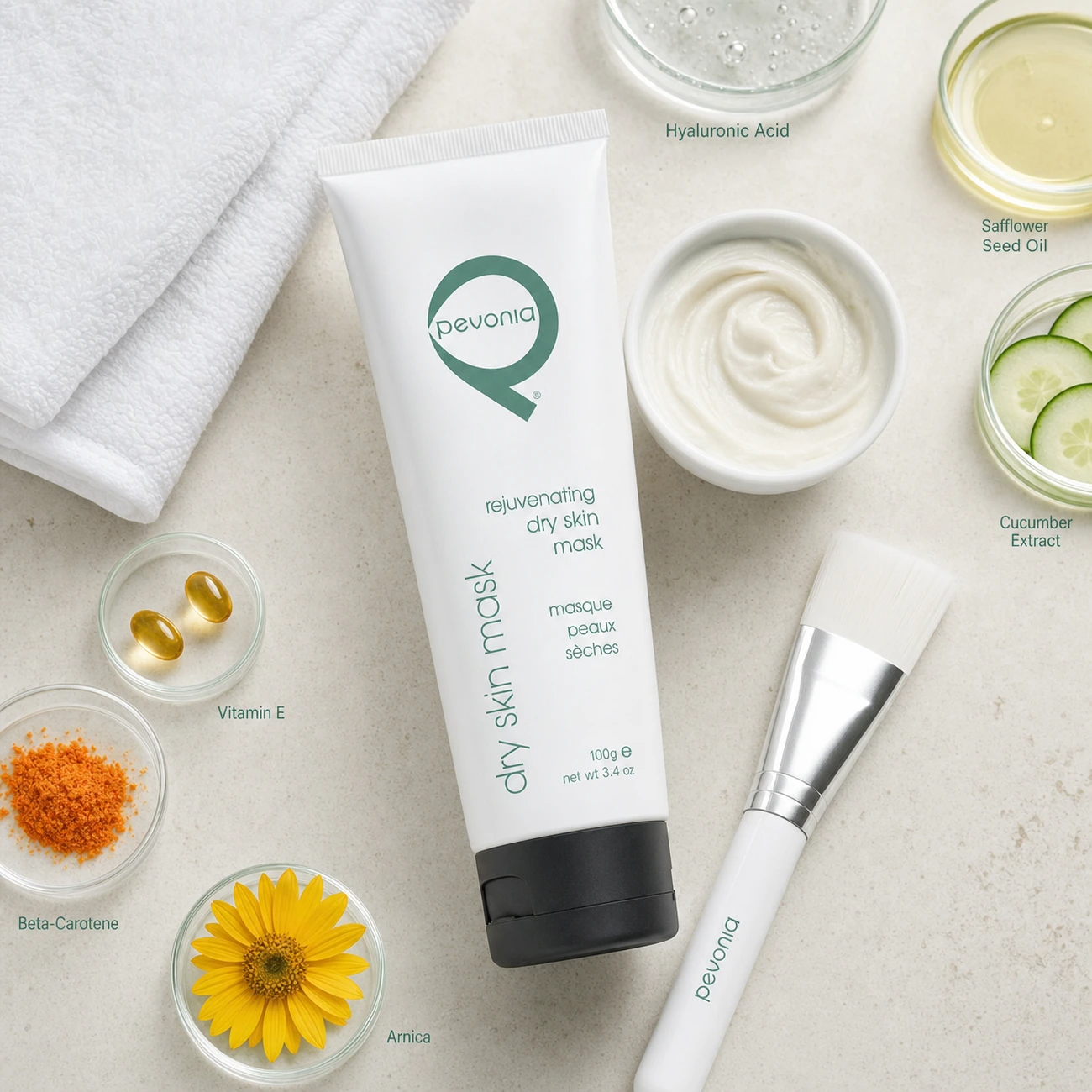 Pevonia Rejuvenating Dry Skin Mask 100ml treatment-support flatlay with hyaluronic acid, safflower seed oil, cucumber extract, vitamin E, beta-carotene and arnica references.