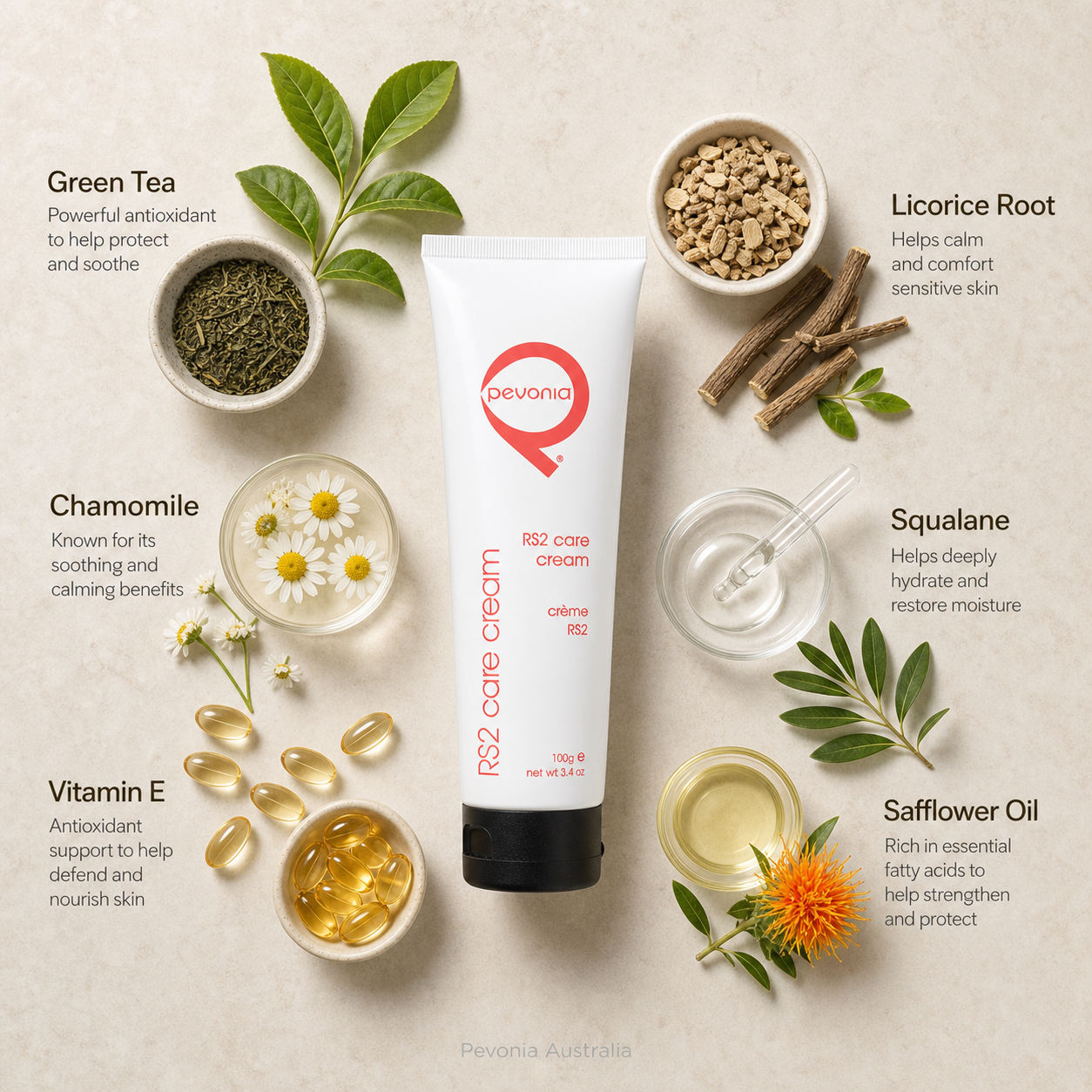 Pevonia RS2 Care Cream 100g ingredient flatlay with green tea, licorice root, chamomile, squalane, vitamin E and safflower oil on a beige background with Pevonia Australia watermark
