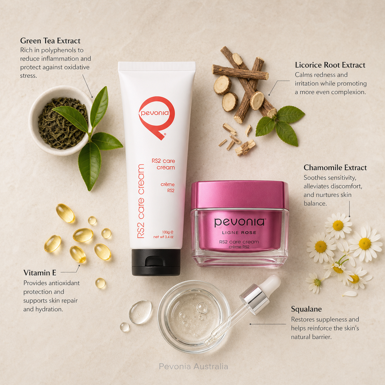 Pevonia RS2 Care Cream professional tube and retail jar ingredient flatlay with green tea extract, licorice root extract, chamomile extract, vitamin E and squalane on a beige background with Pevonia Australia watermark