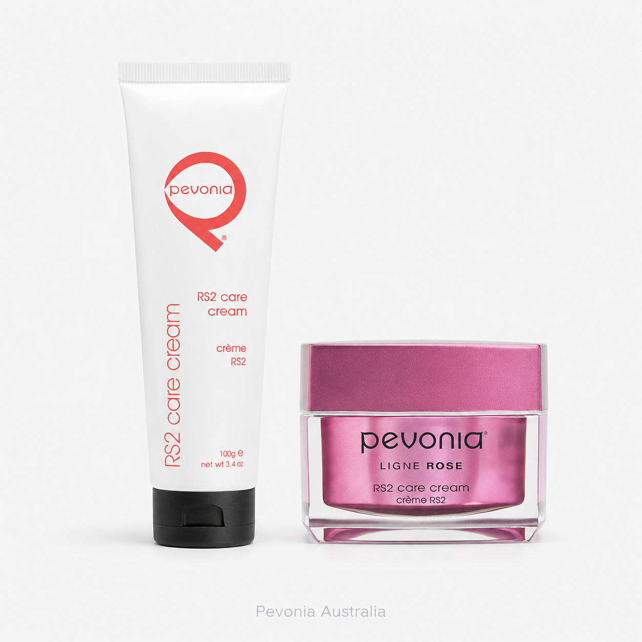 Pevonia RS2 Care Cream duo featuring the professional tube and retail jar in a clean Shopify product image with subtle Pevonia Australia watermark.