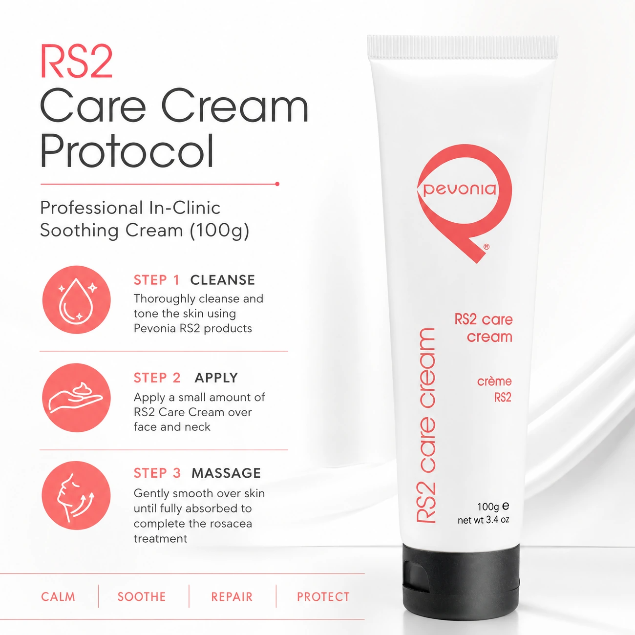 Pevonia RS2 Rosacea Care Cream 100g clinic-use education image detailing the professional 3-step Cleanse, Apply, and Massage soothing finishing protocol for salons, spas, and clinics.
