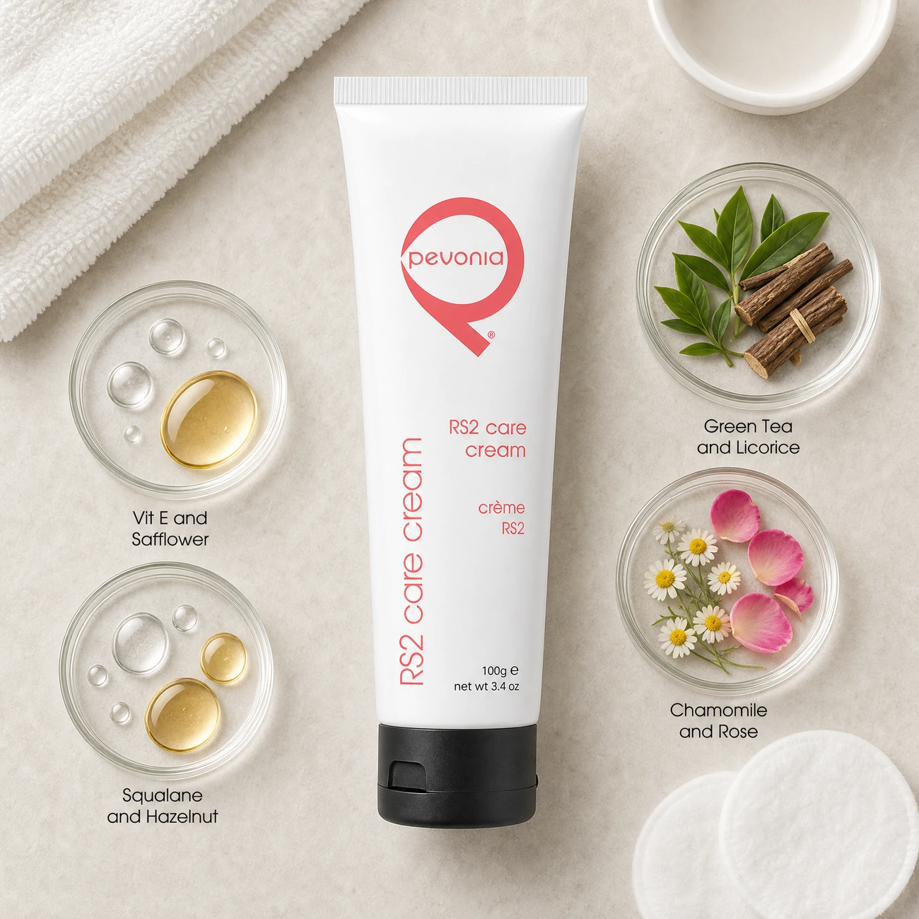Pevonia RS2 Rosacea Care Cream 100g ingredients flatlay with green tea and licorice root, chamomile and French rose, Vitamin E and safflower oil, and squalane with hazelnut oil in clean glass petri dishes for professional B2B education.