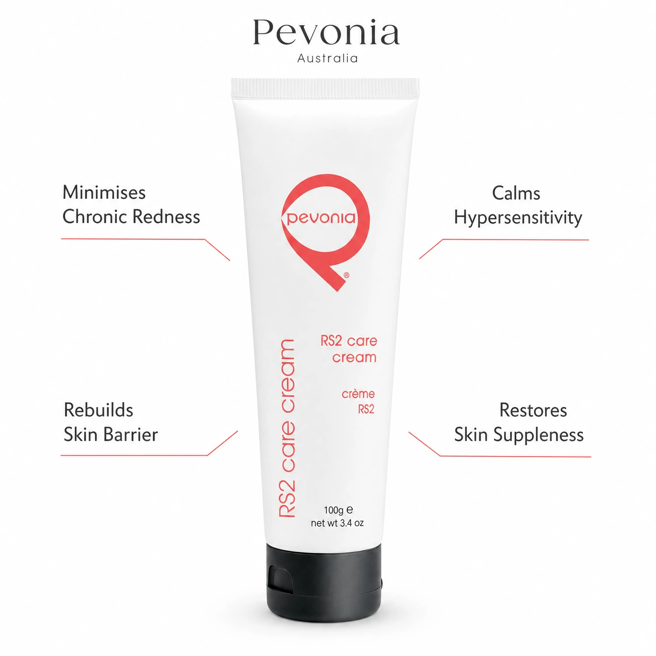 Pevonia RS2 Rosacea Care Cream 100g benefit callout image highlighting chronic redness minimisation, hypersensitivity calming, skin barrier rebuilding, and skin suppleness.