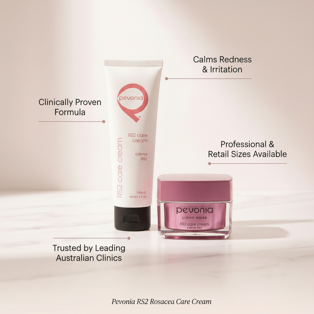Pevonia RS2 Rosacea Care Cream duo image showing professional tube and retail jar with clinical benefits for calming redness strengthening the skin barrier and supporting sensitive skin