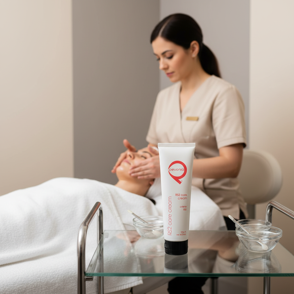 Pevonia RS2 Rosacea Care Cream professional 100ml displayed during a facial treatment in a spa room for calming redness soothing sensitive skin and supporting skin comfort