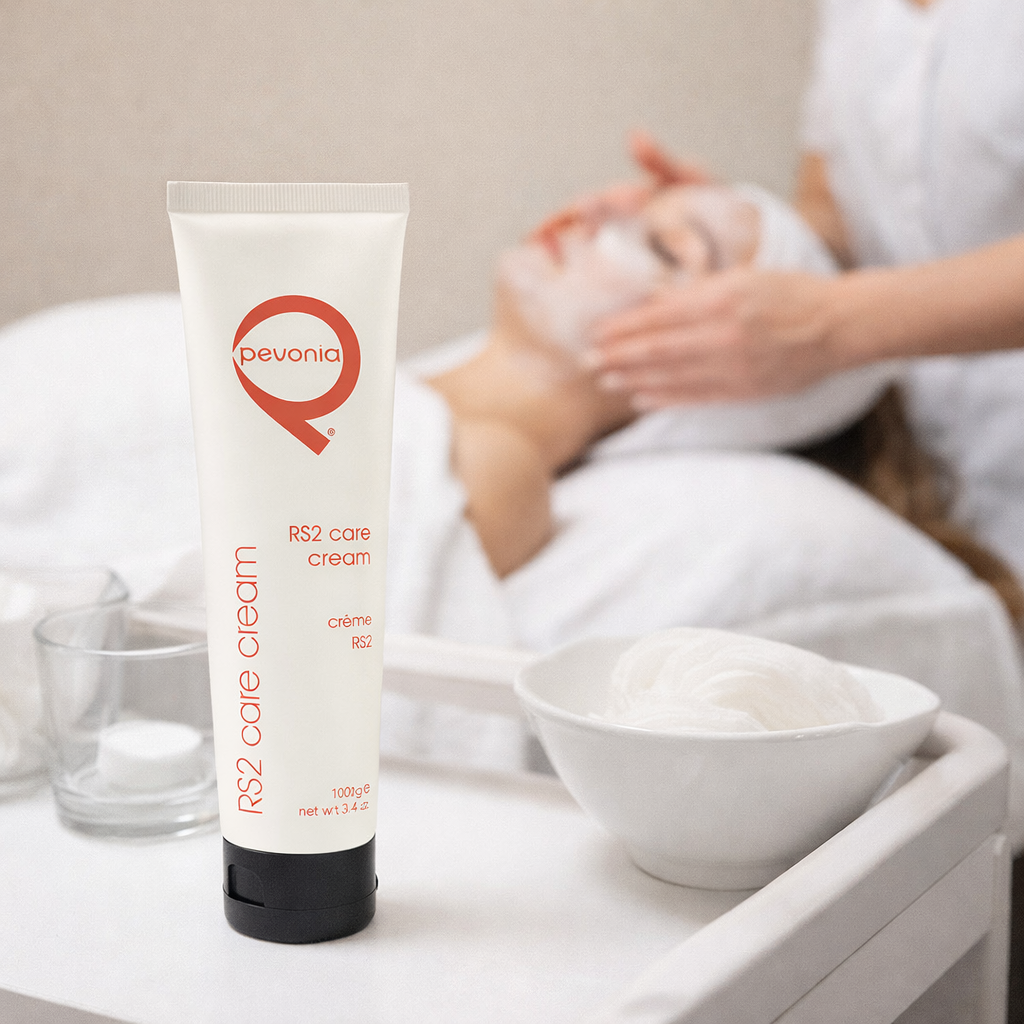 Pevonia RS2 Rosacea Care Cream professional 100ml shown in a spa treatment setting with facial application for calming redness soothing sensitive skin and restoring hydration