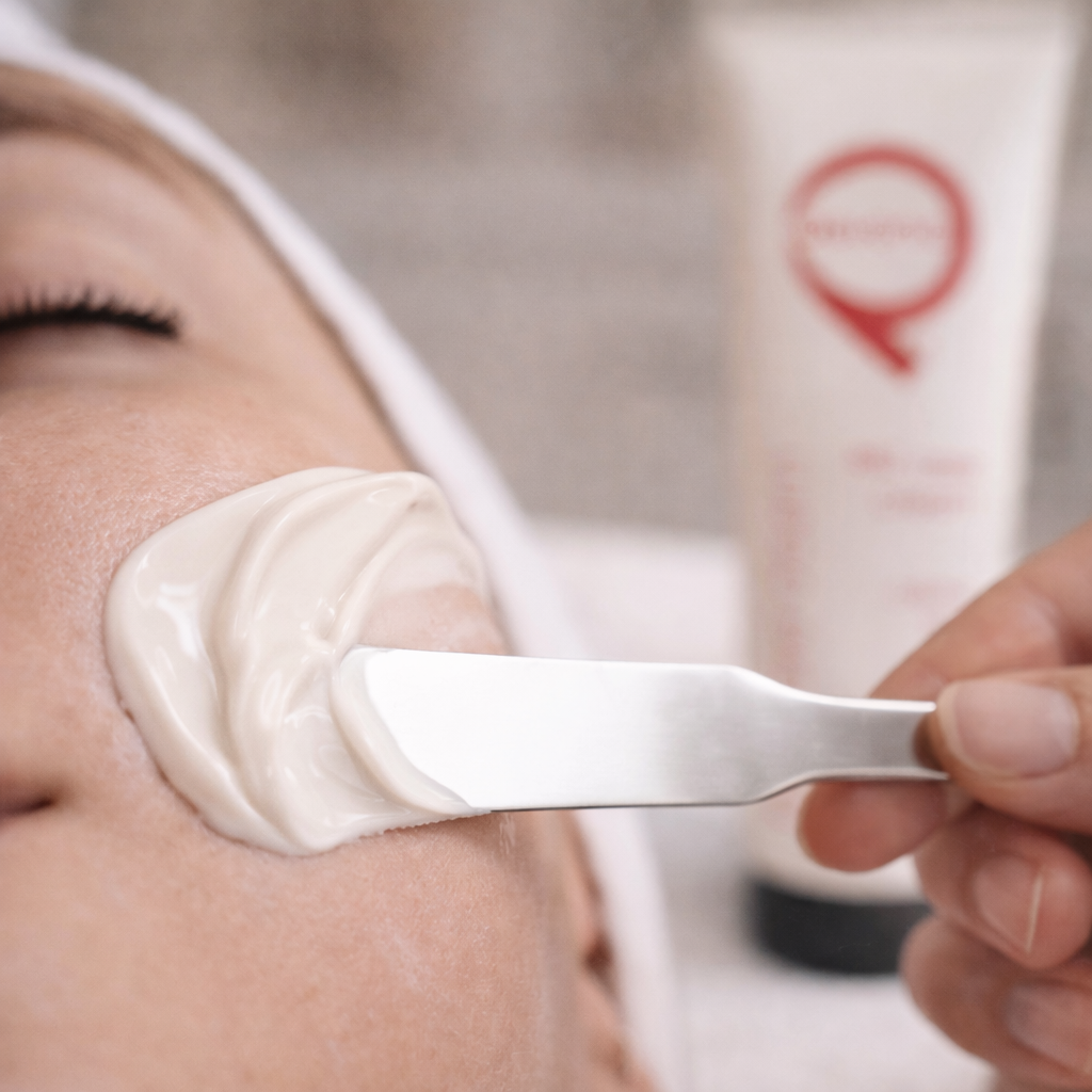 Pevonia RS2 Rosacea Care Cream being applied during a professional facial treatment to calm redness soothe sensitive skin and restore hydration