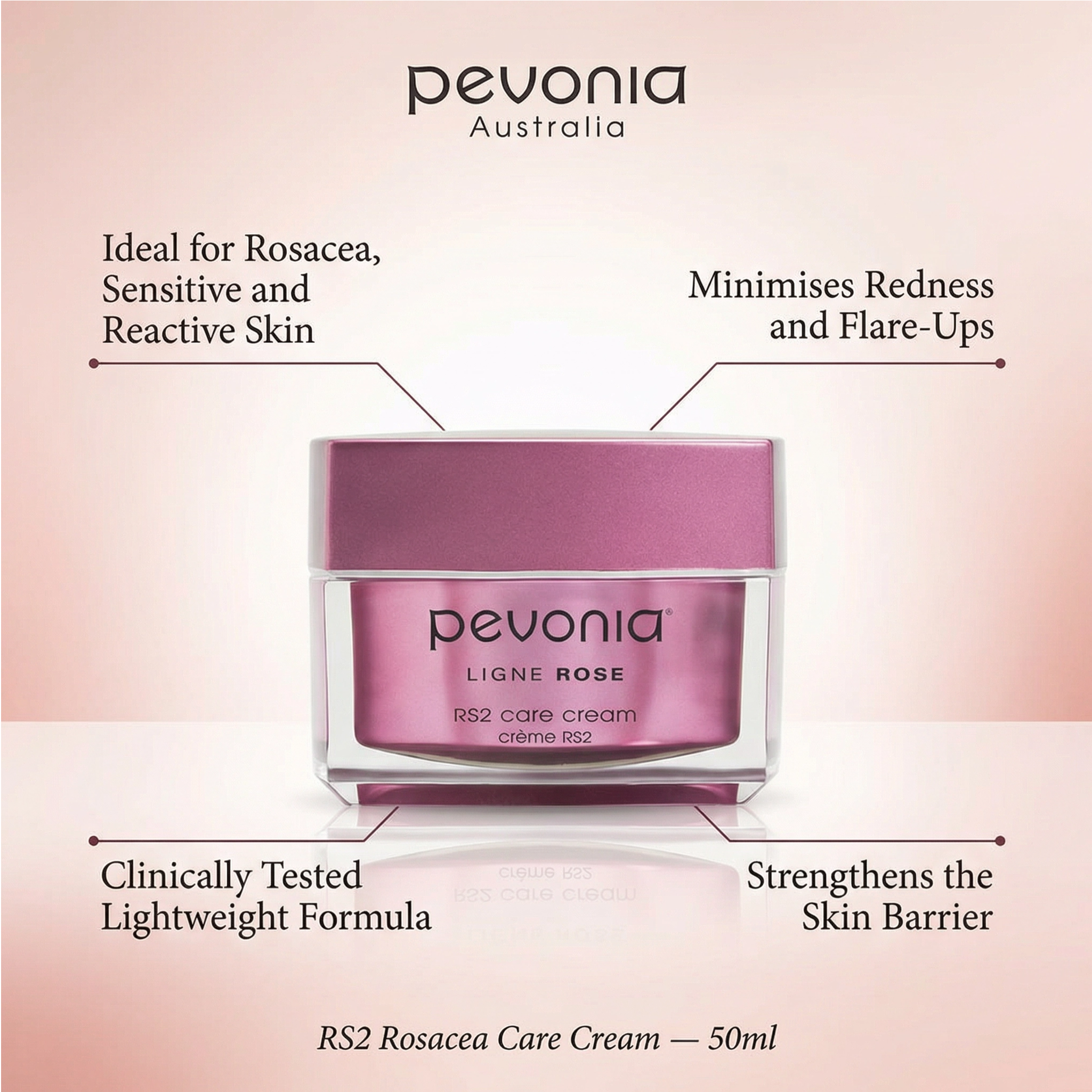 Pevonia RS2 Rosacea Care Cream 50ml clinical callout image highlighting benefits for reducing redness soothing sensitive reactive skin and strengthening the skin barrier