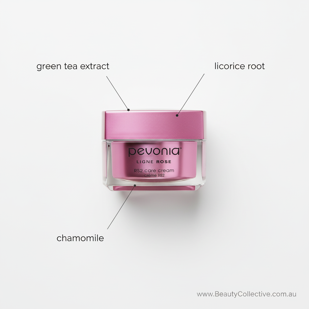 Pevonia RS2 Rosacea Care Cream retail 50ml ingredient callout image highlighting green tea extract licorice root and chamomile for calming and soothing sensitive skin