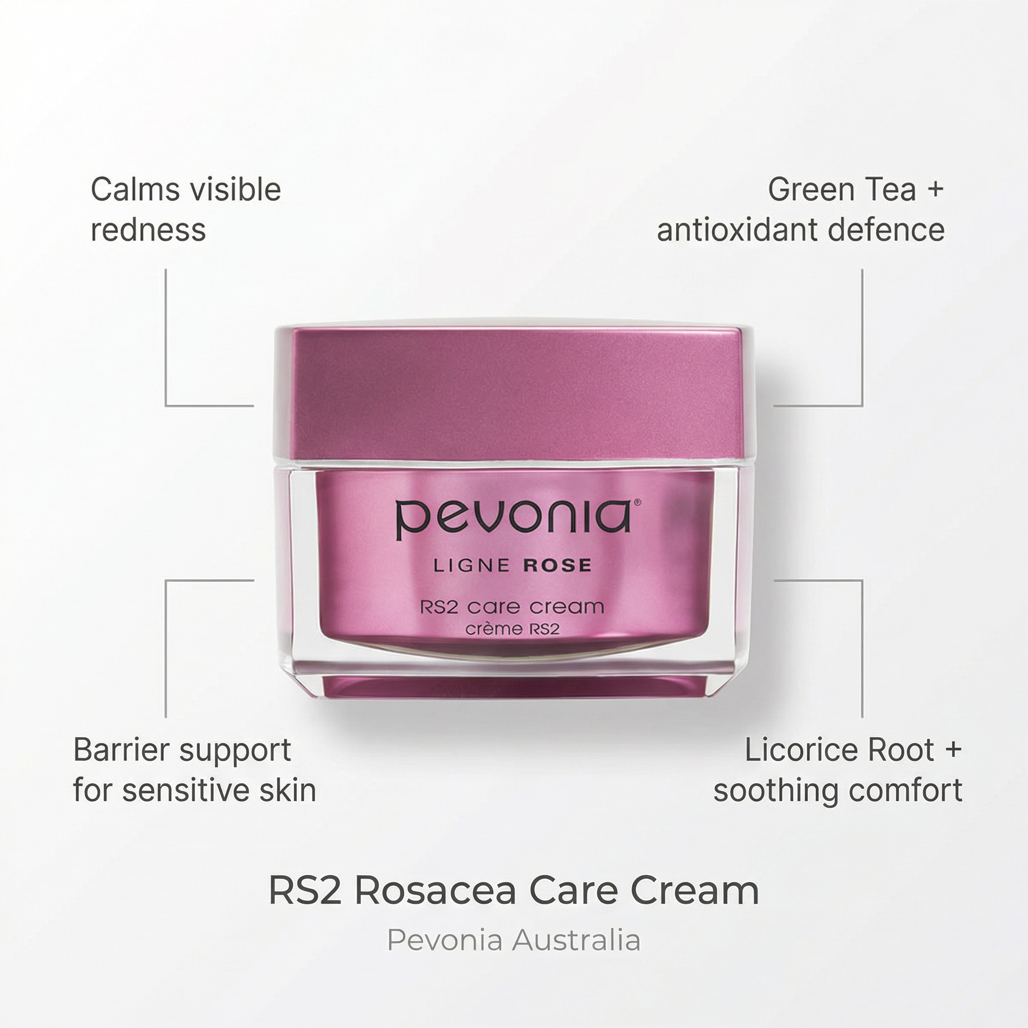 Pevonia RS2 Rosacea Care Cream retail 50ml callout image highlighting visible redness calming antioxidant defence barrier support and soothing comfort for sensitive skin