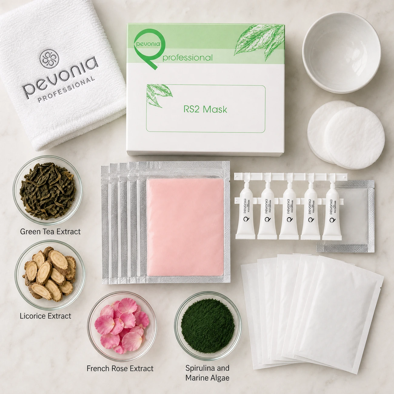 Pevonia RS2 Rosacea Mask Treatment ingredients flatlay with Green Tea, Licorice, French Rose, and Spirulina marine algae in clean glass petri dishes for professional B2B education.