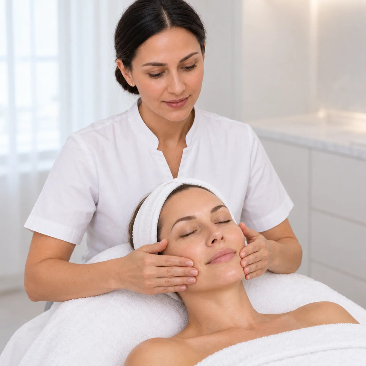 Tania performing a gentle aromatherapy facial massage on a reclining client.