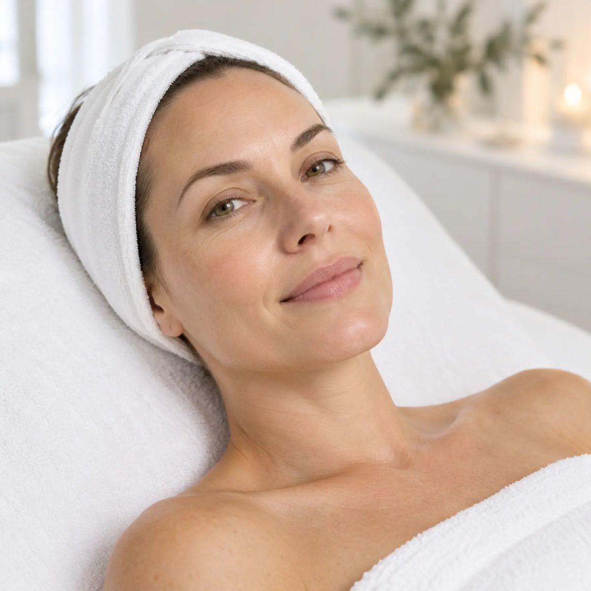 Relaxed client after a Pevonia sensitive skin aromatherapy facial.