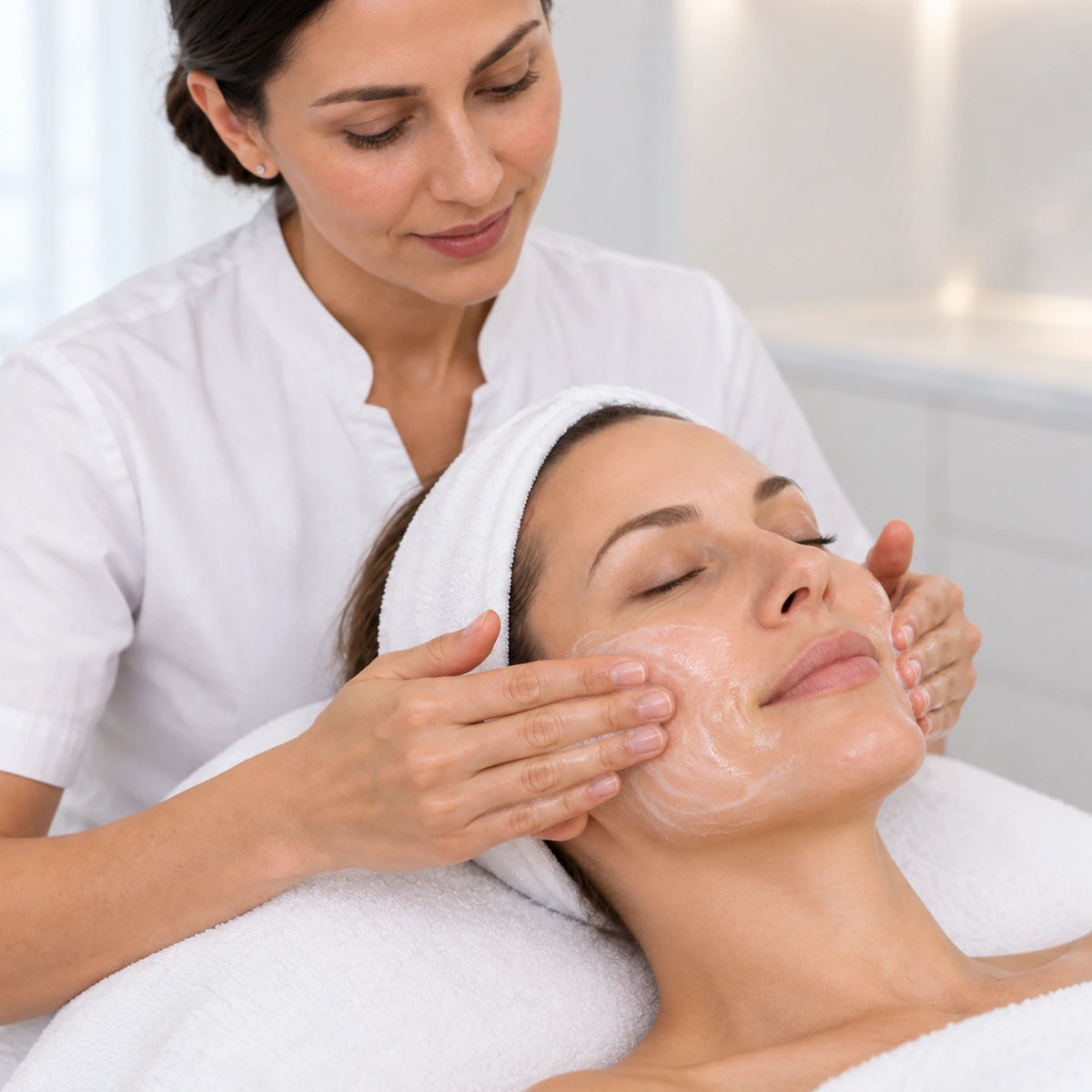 Therapist working a small quantity of Gentle Exfoliating Cleanser over a client's cheeks with wet fingertips