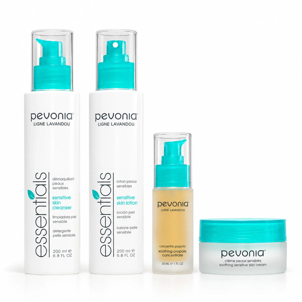 Pevonia sensitive skin retail homecare: cleanser, lotion, Soothing Propolis Concentrate and Soothing Sensitive Skin Cream.