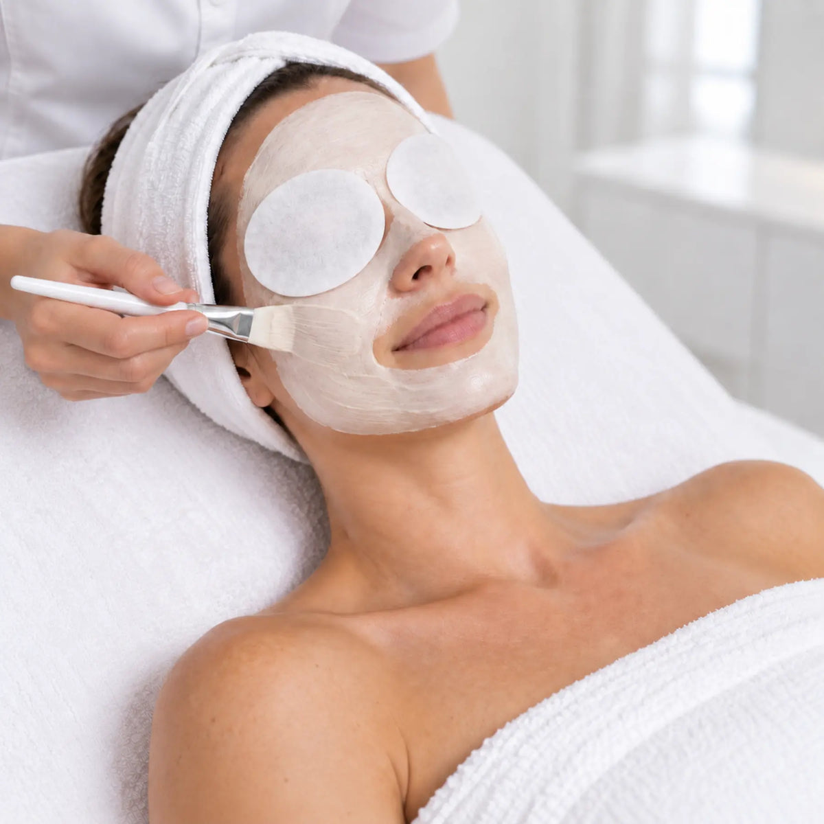 Therapist applying a soothing cream mask with cotton pads protecting the client's eyes and eyebrows.