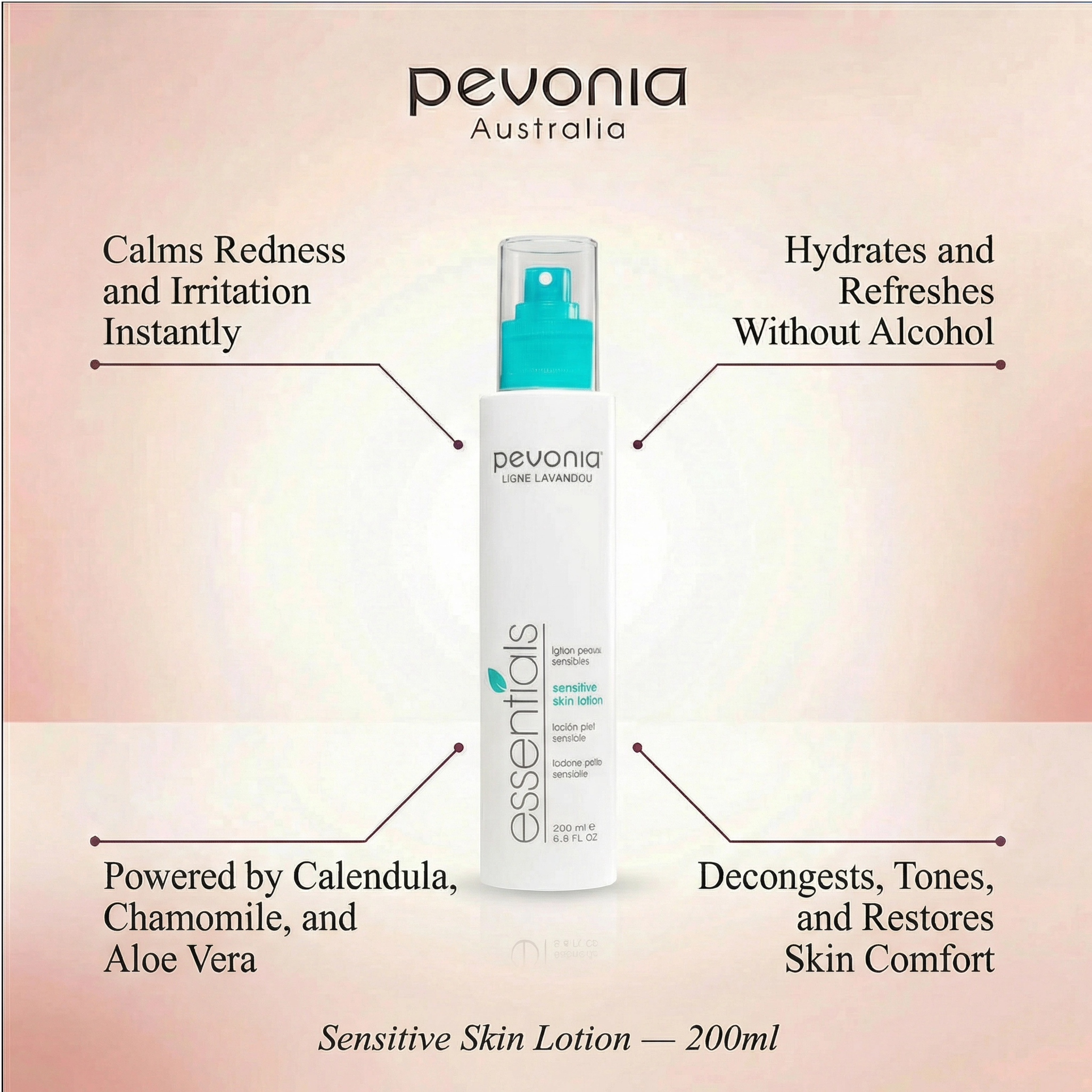 Pevonia Sensitive Skin Lotion infographic showing benefits including calming redness, hydrating without alcohol, and soothing skin with calendula, chamomile, and aloe vera around product bottle