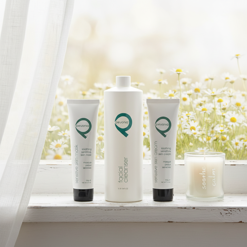Set of Pevonia skincare products including professional cream 100g, cleanser 1L, and mask 100ml  displayed in front of a window