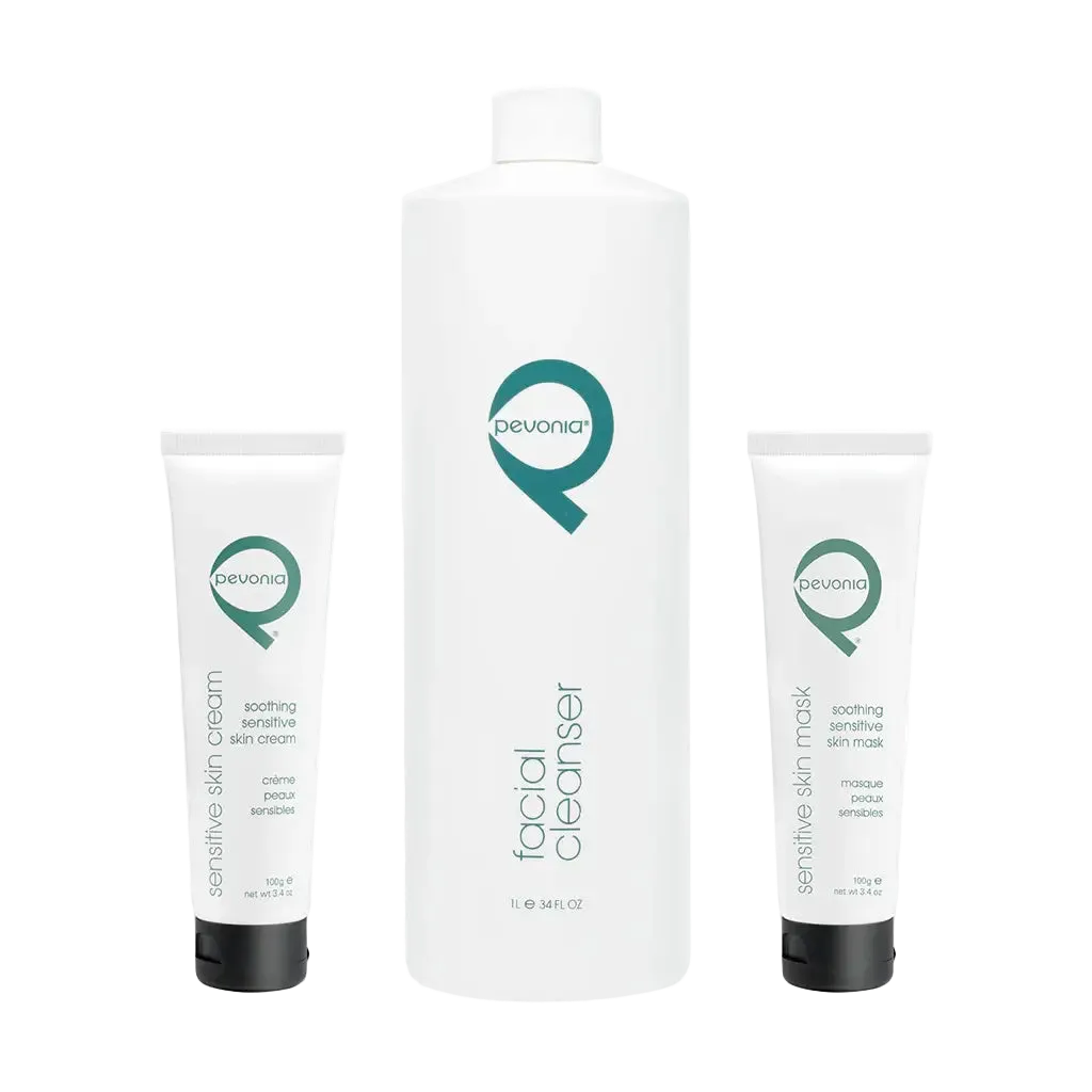 Pevonia skincare product bundle set including cream 100g, cleanser 1L, and mask 100g no background