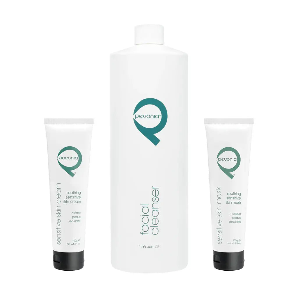 Set of Pevonia skincare products including professional cream 100g, cleanser 1L, and mask 100ml on a white background