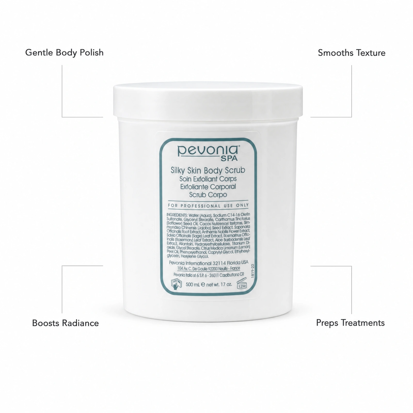 Pevonia Spa Silky Skin Body Scrub 500ml professional jar with benefit callouts for gentle body polish, smoother texture, boosted radiance and treatment preparation.