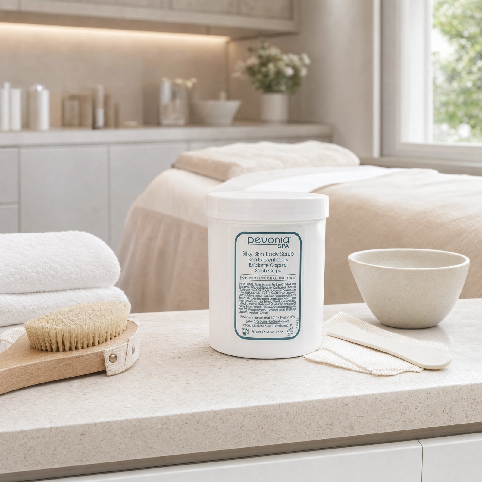 Pevonia Spa Silky Skin Body Scrub 500ml professional jar displayed in a premium spa treatment-room setting for body polish and skin-preparation protocols.