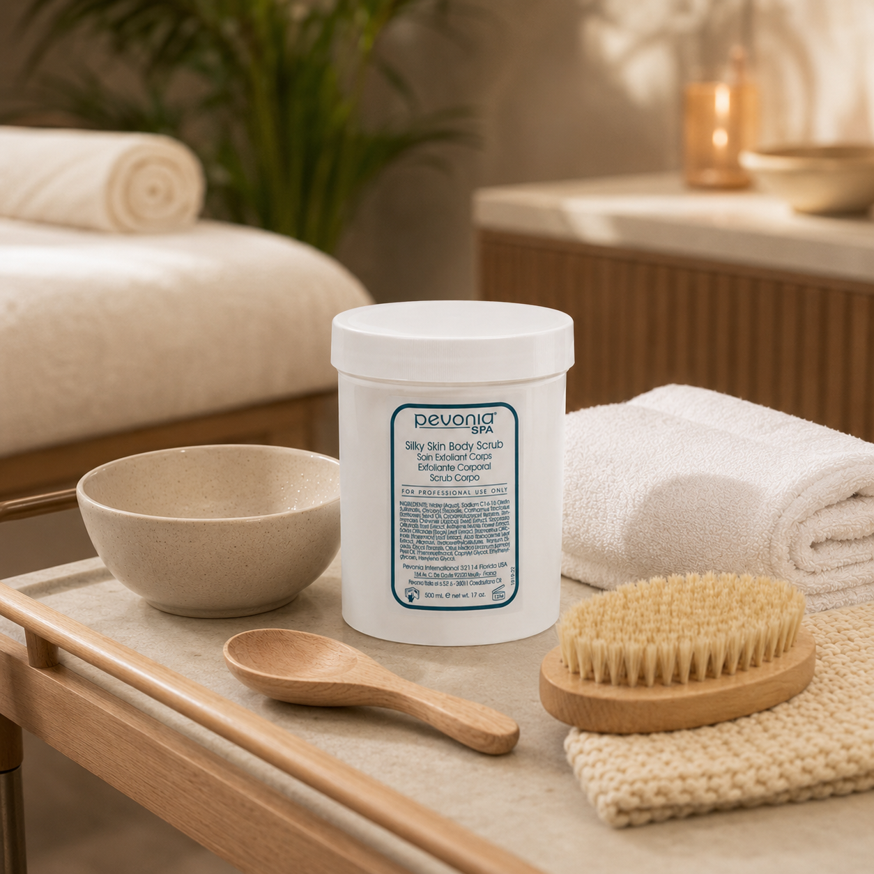 Pevonia Silky Skin Body Scrub 500ml jar displayed on a therapist trolley in an upmarket day spa body treatment room with unbranded treatment accessories.
