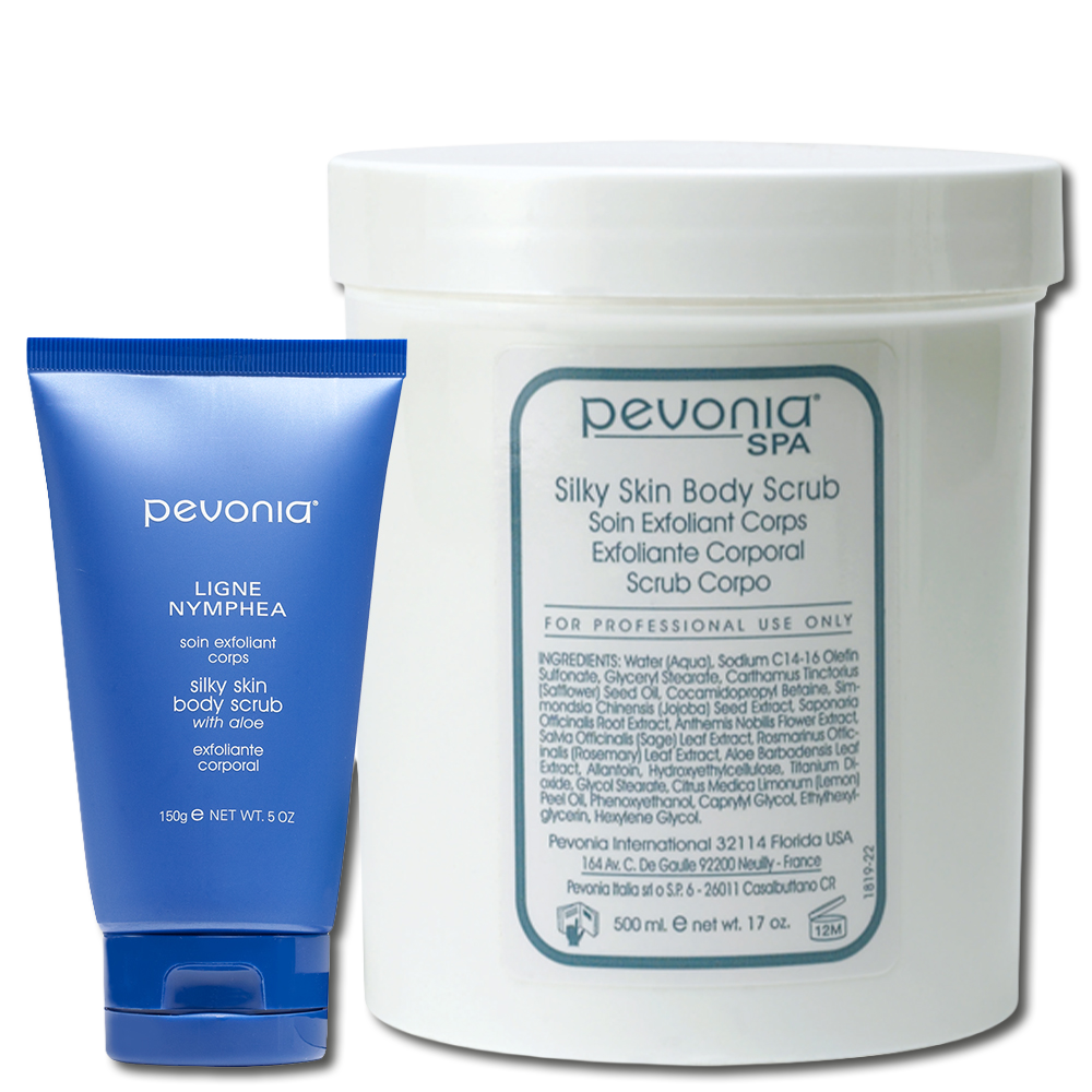 Pevonia Silky Skin Body Scrub retail and professional variant image for gentle body exfoliation, helping smooth, soften and brighten skin for a radiant glow.